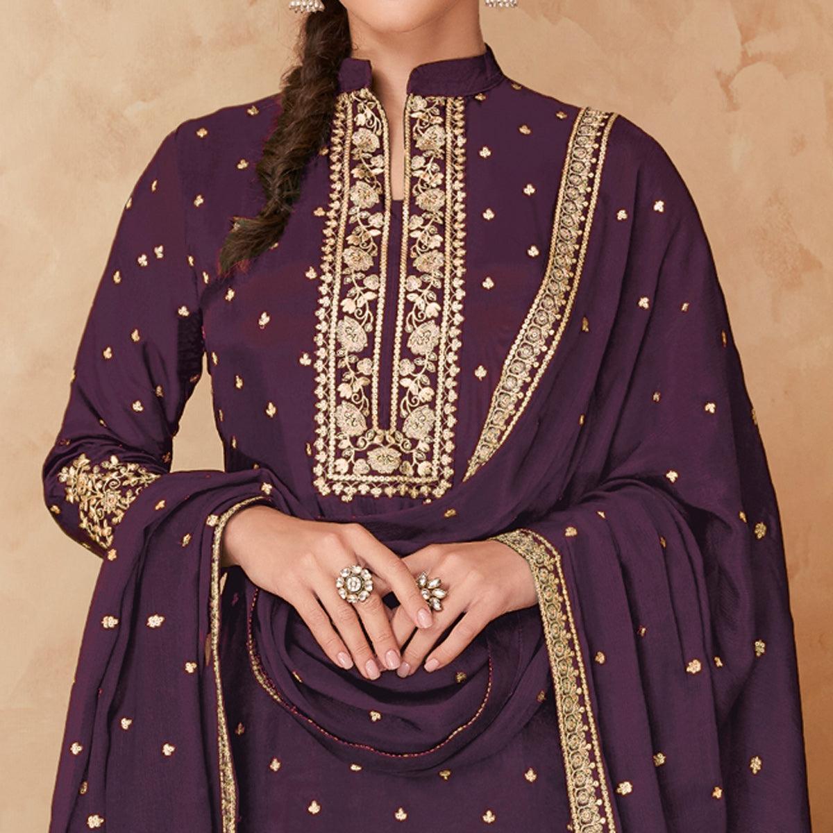 Purple Partywear Embroidered Georgette Palazzo Suit - Peachmode