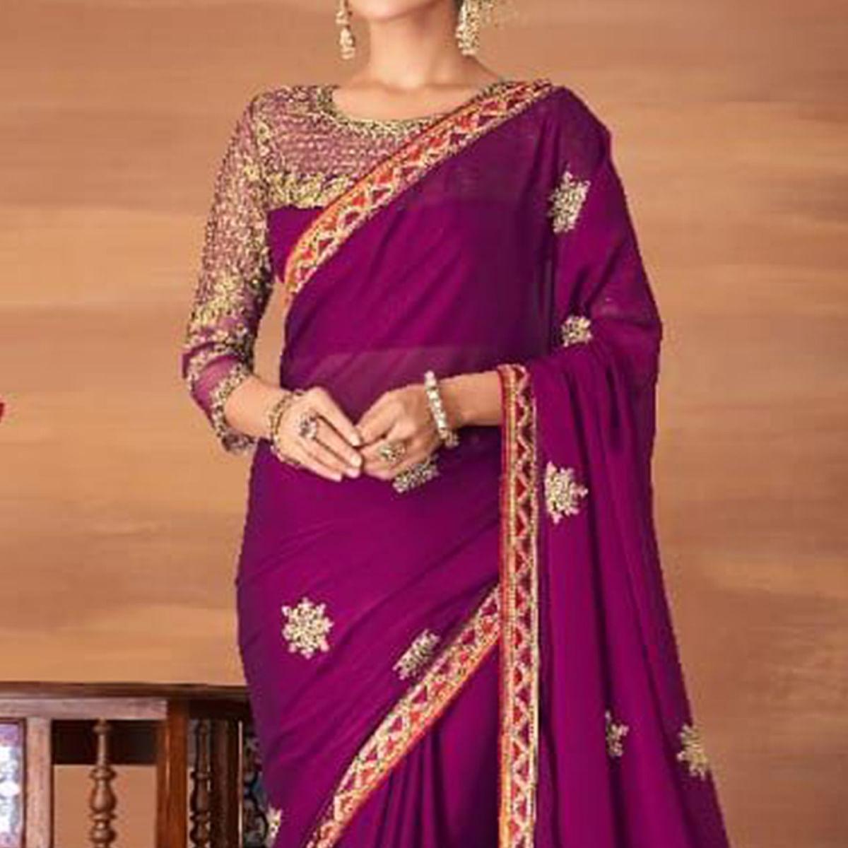 Purple Partywear Embroidered Georgette Saree - Peachmode