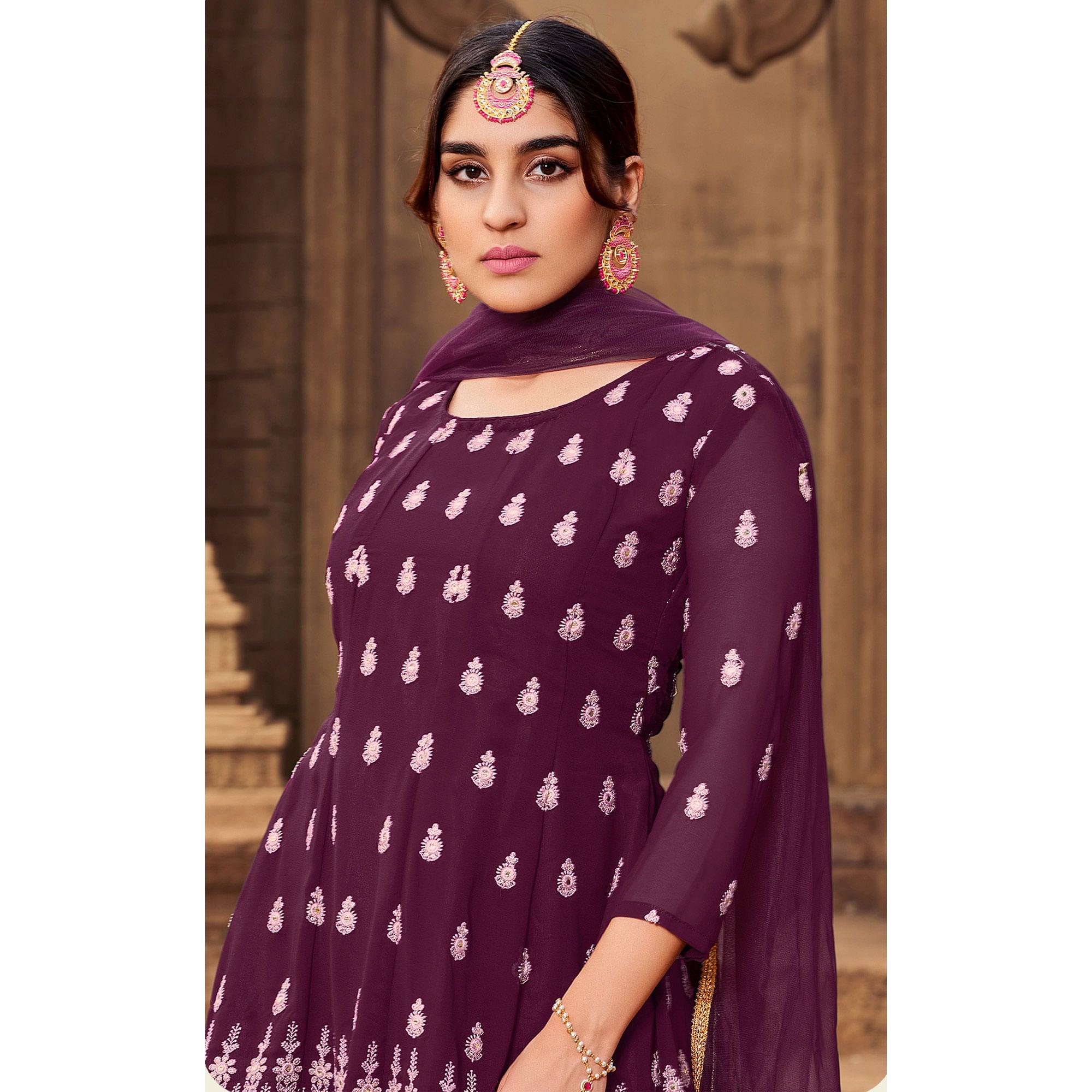 Purple Partywear Embroidered Georgette Sharara Suit - Peachmode