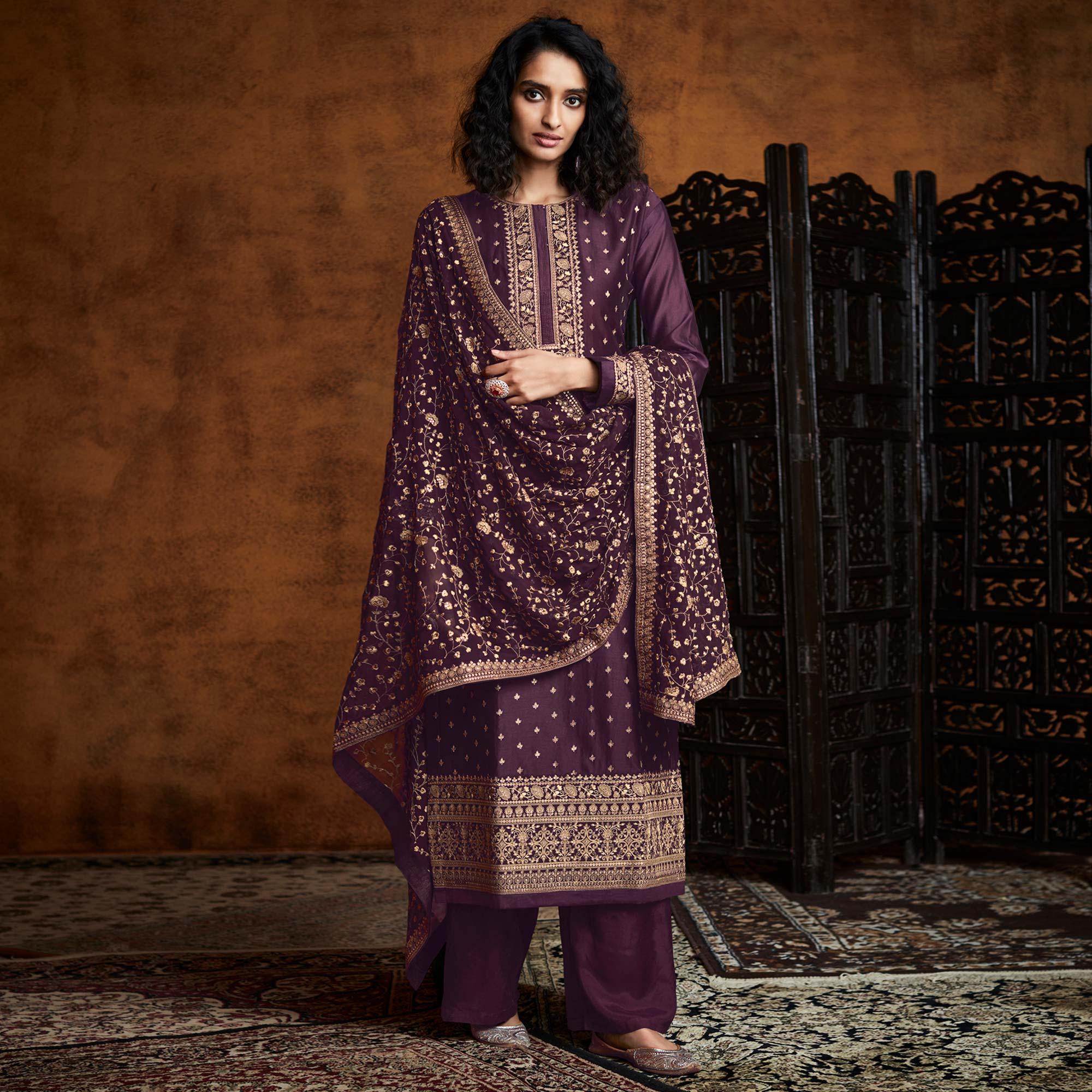 Purple Partywear Embroidered Heavy Faux Georgette Palazzo Suit - Peachmode