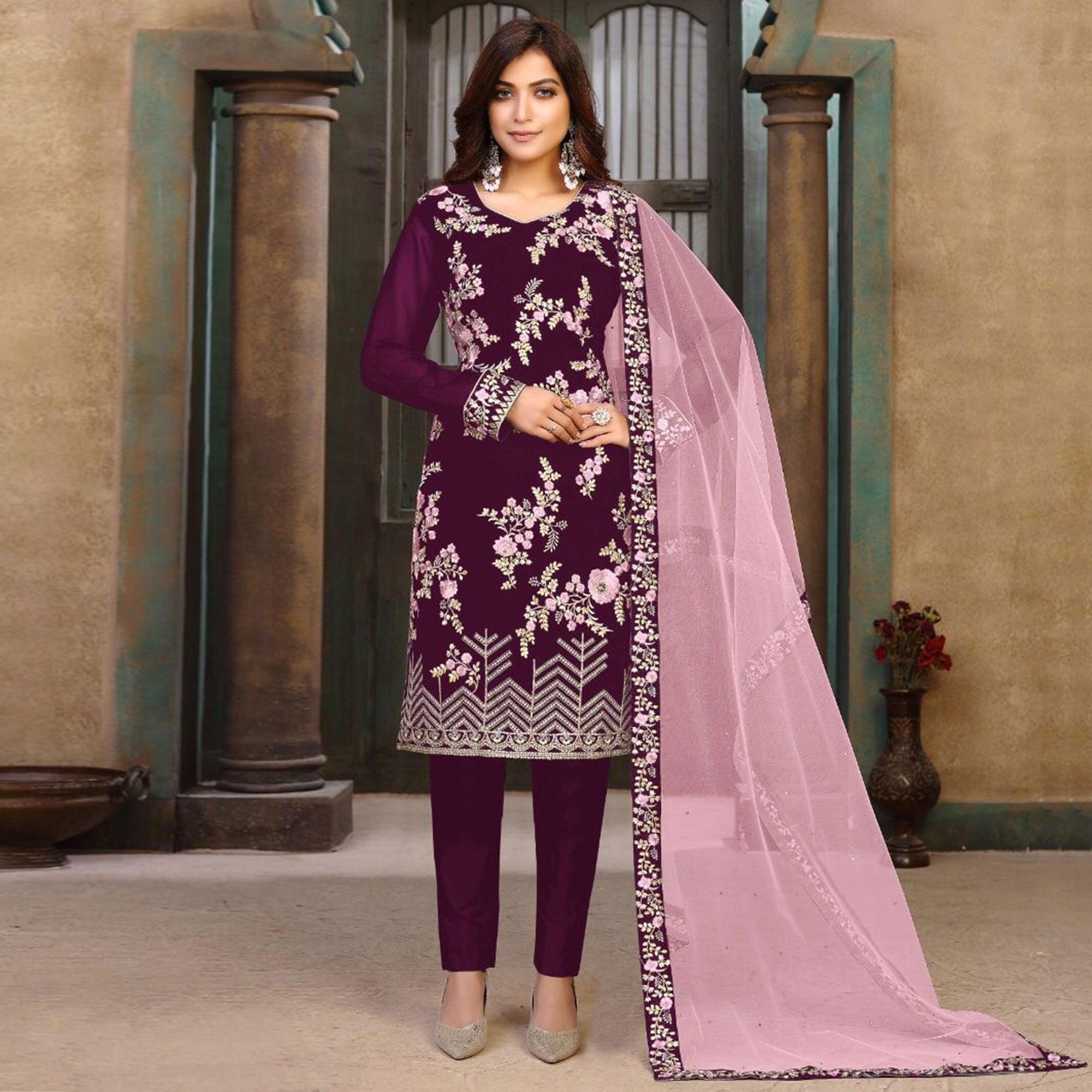 Purple Partywear Embroidered Heavy Faux Georgette Salwar Suit - Peachmode