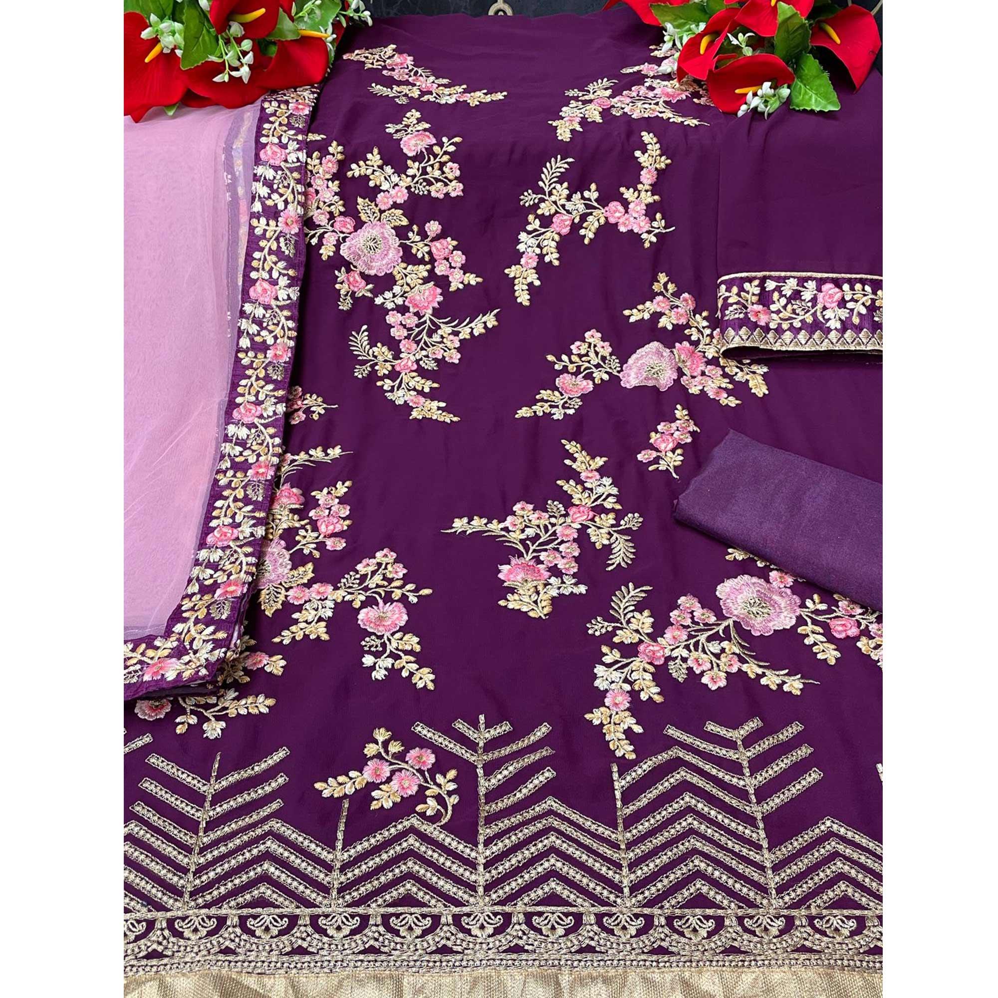 Purple Partywear Embroidered Heavy Faux Georgette Salwar Suit - Peachmode