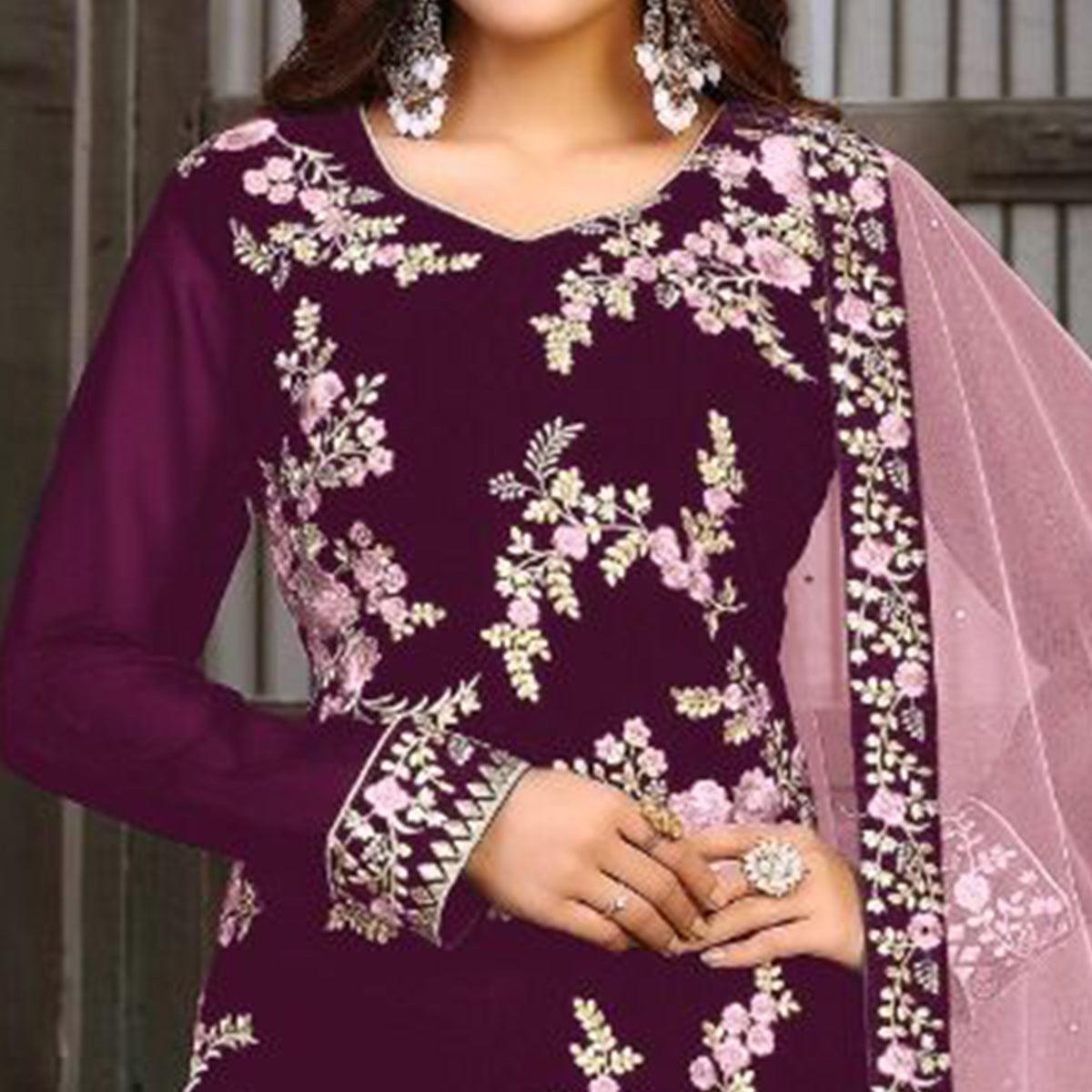 Purple Partywear Embroidered Heavy Faux Georgette Salwar Suit - Peachmode