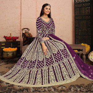 Purple Partywear Embroidered Net Anarkali Suit - Peachmode