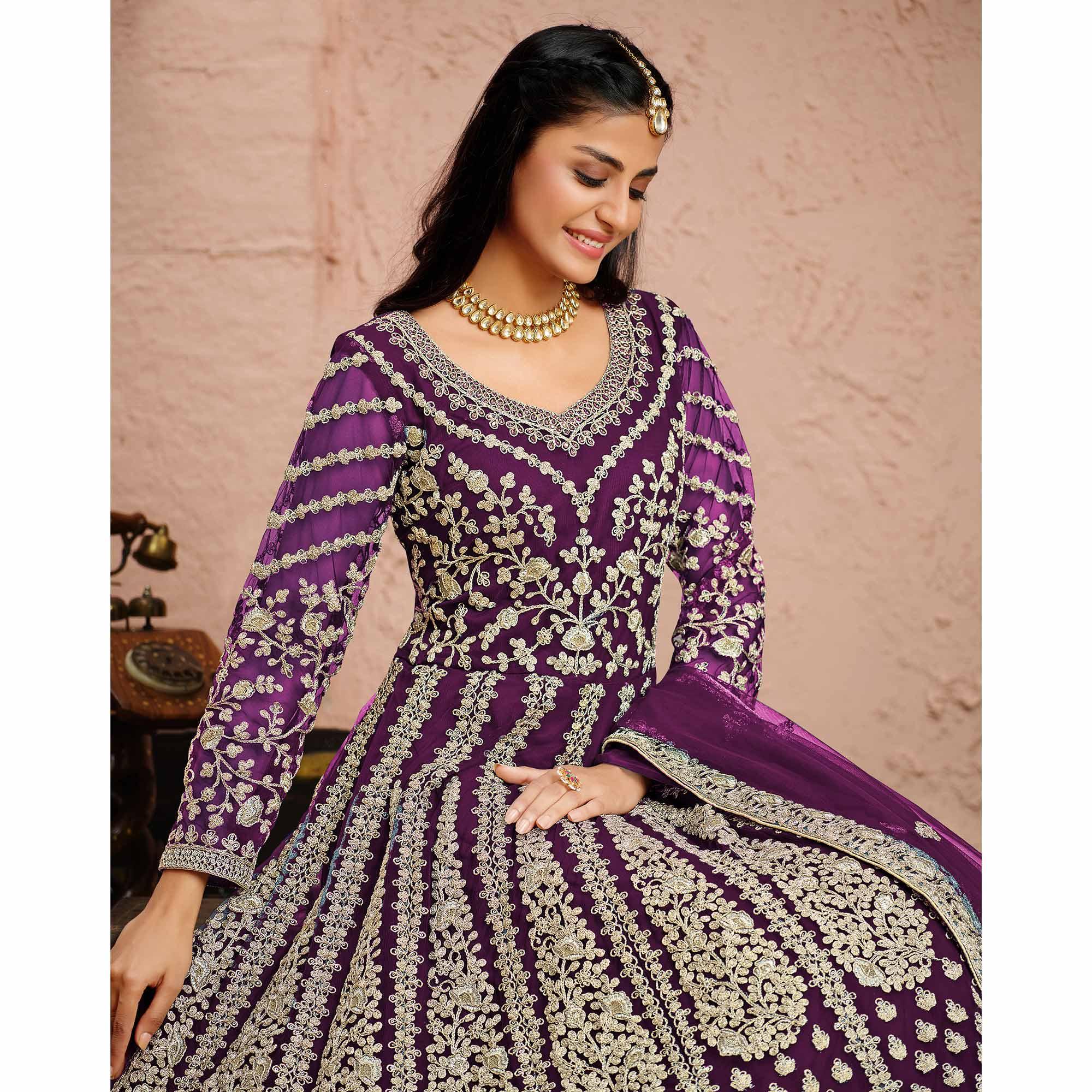 Purple Partywear Embroidered Net Anarkali Suit - Peachmode