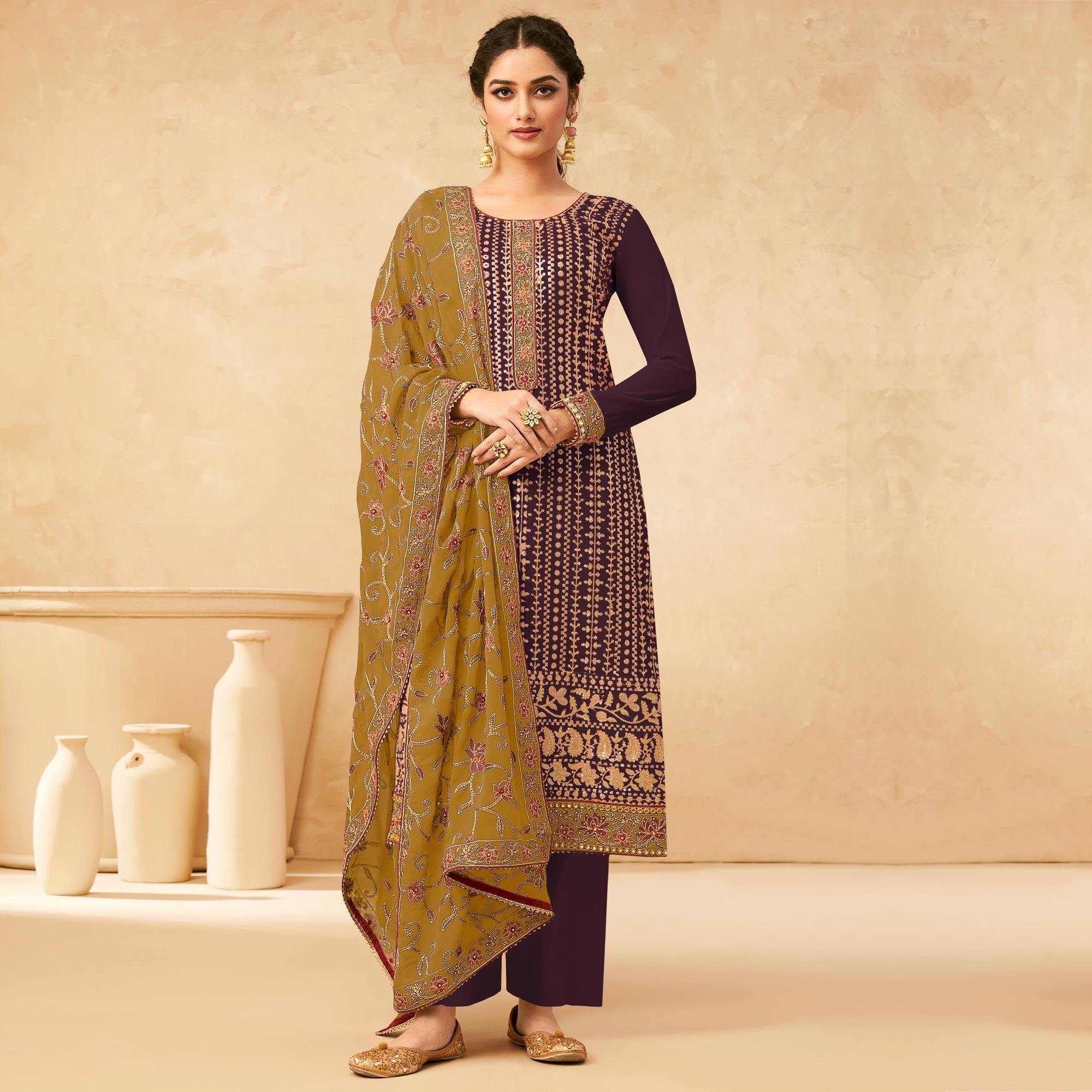Purple Partywear Embroidered Pure Georgette Kurti Pant Set With Dupatta - Peachmode