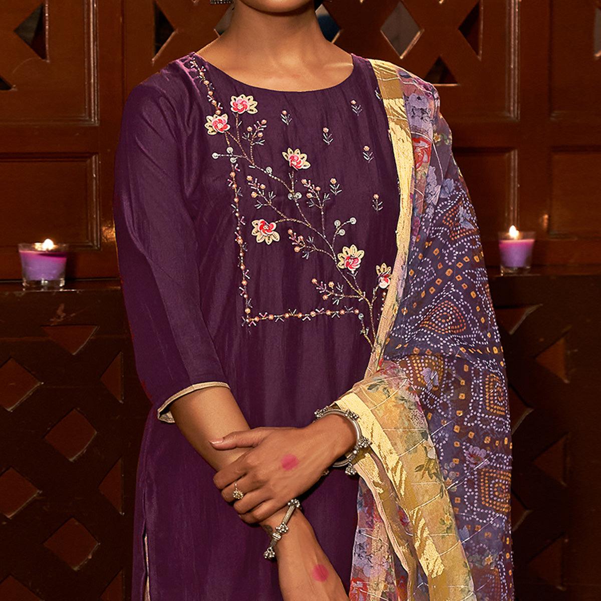 Purple Partywear Embroidered Pure Viscose Silk Suit - Peachmode