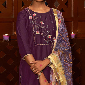Purple Partywear Embroidered Pure Viscose Silk Suit - Peachmode