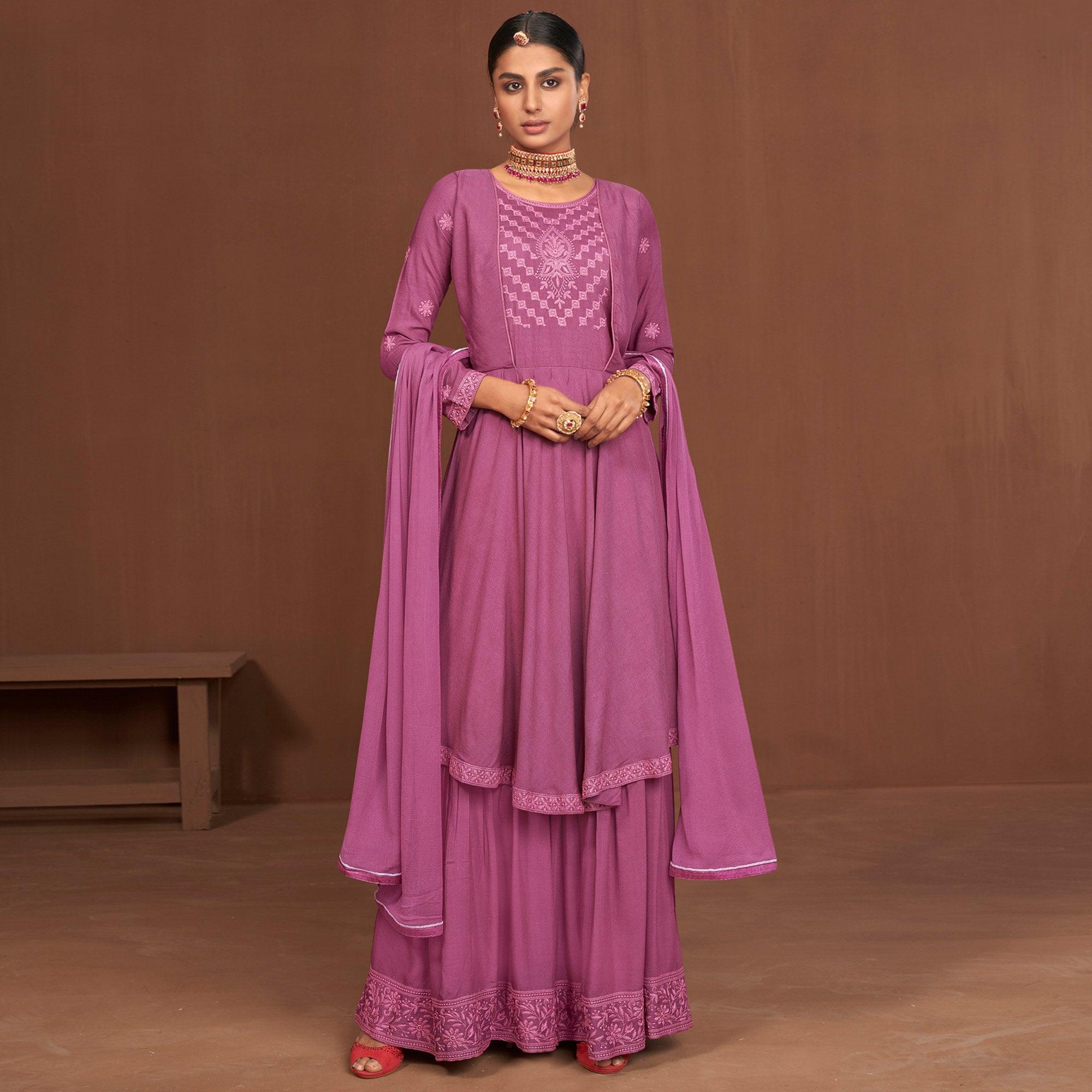 Purple Partywear Embroidered Rayon Palazzo Suit - Peachmode