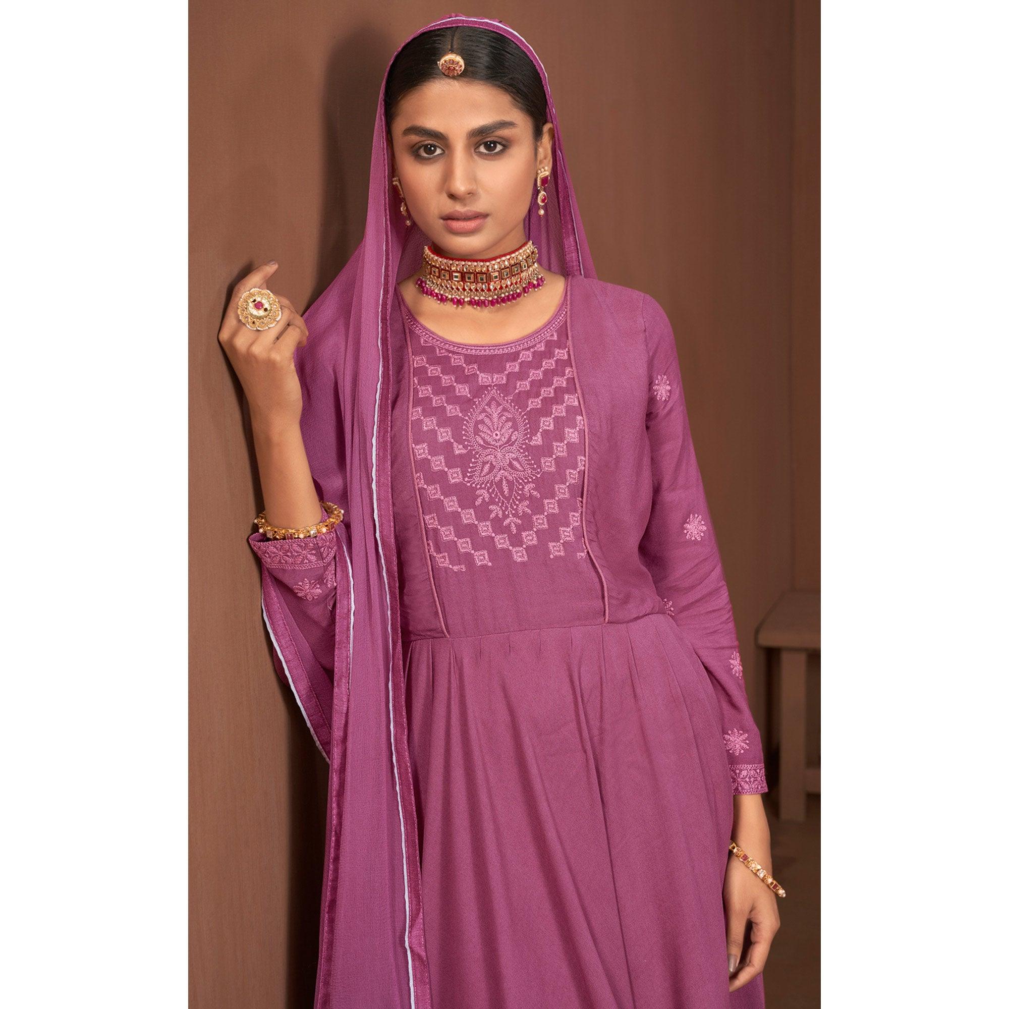 Purple Partywear Embroidered Rayon Palazzo Suit - Peachmode