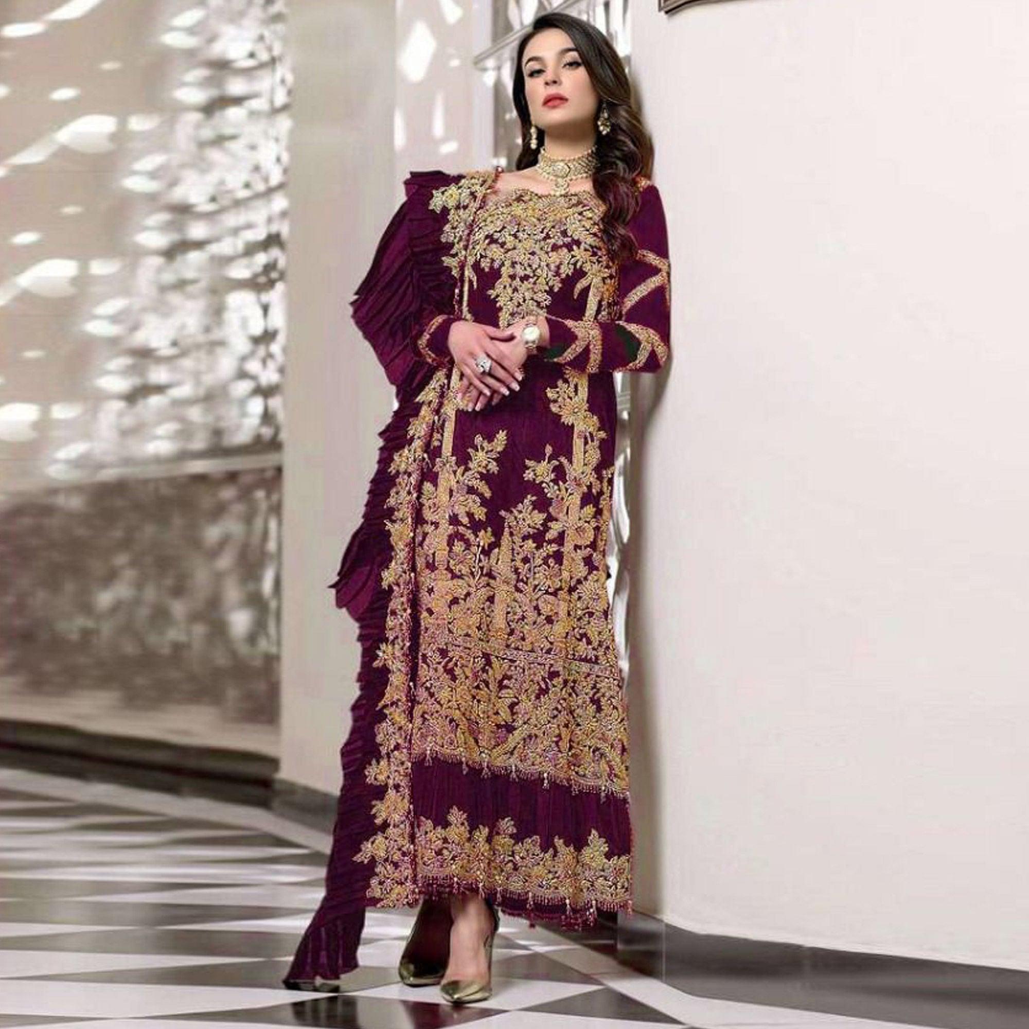 Purple Partywear Embroidered Resham Work Georgette Pakistani Suit - Peachmode