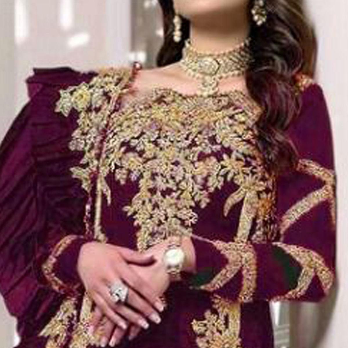 Purple Partywear Embroidered Resham Work Georgette Pakistani Suit - Peachmode