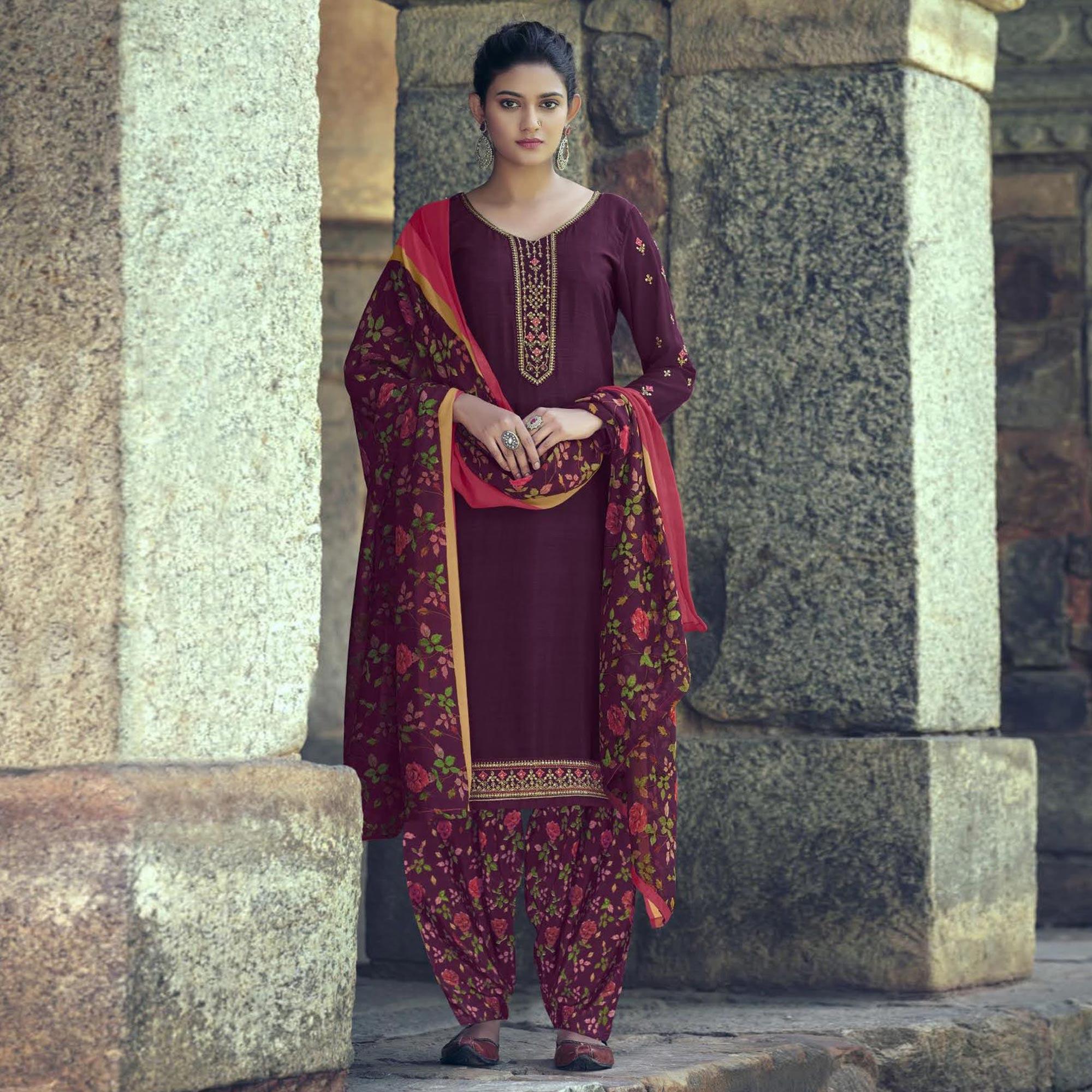 Purple Partywear Embroidered Royal French Crepe Patiala Suit - Peachmode