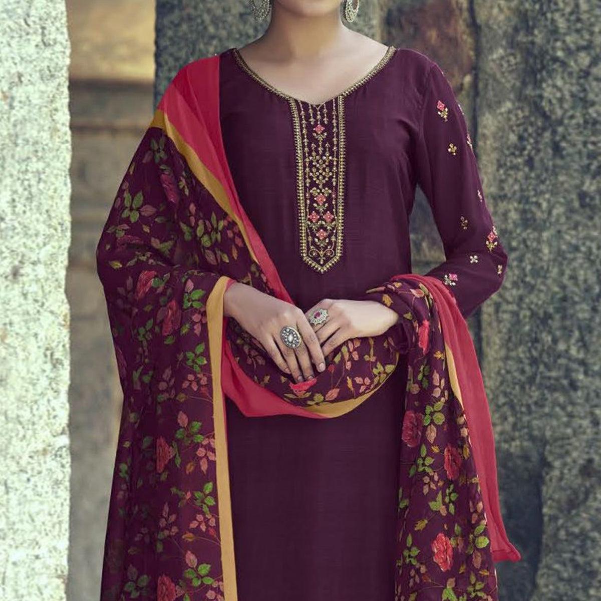 Purple Partywear Embroidered Royal French Crepe Patiala Suit - Peachmode