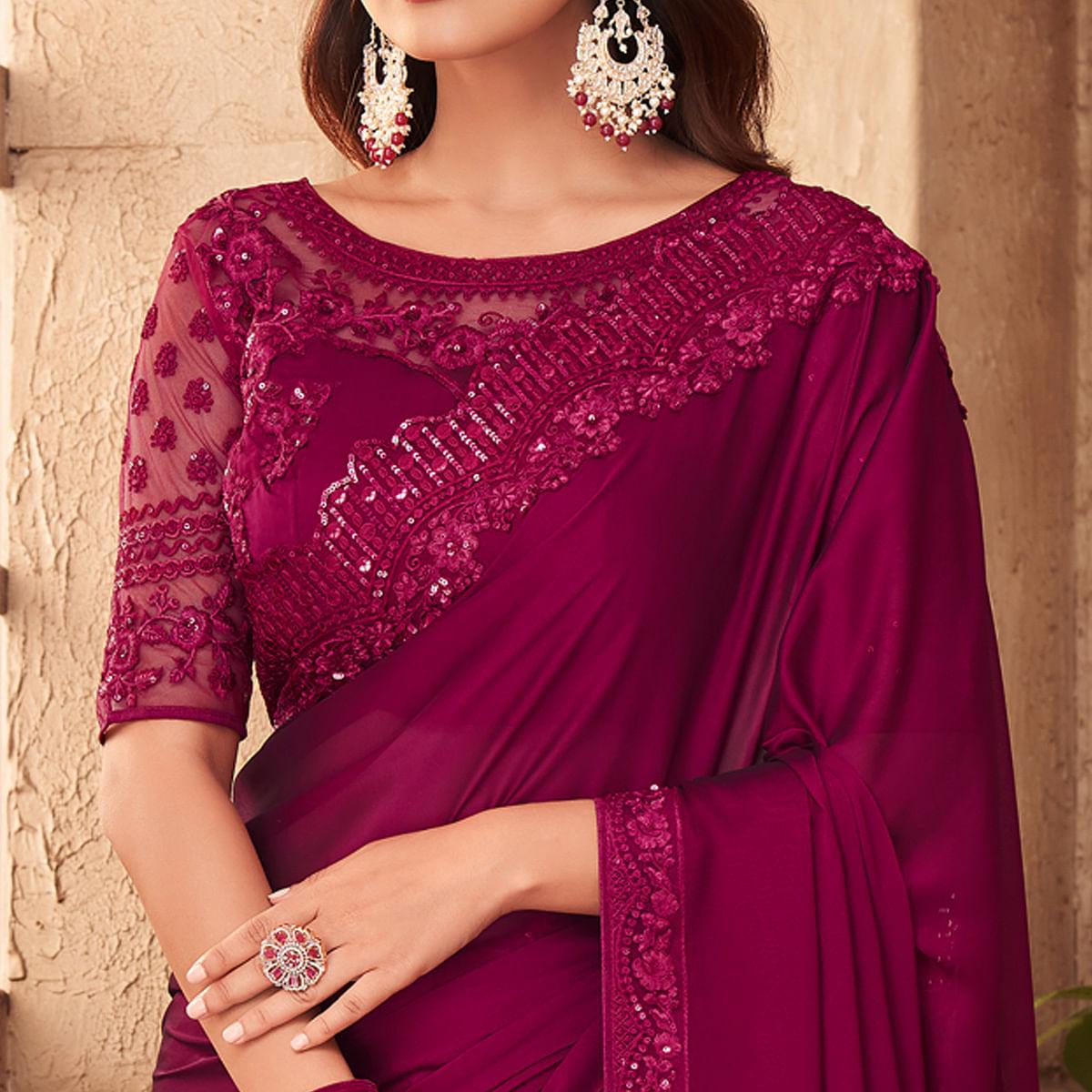 Purple Partywear Embroidered Silk Saree - Peachmode