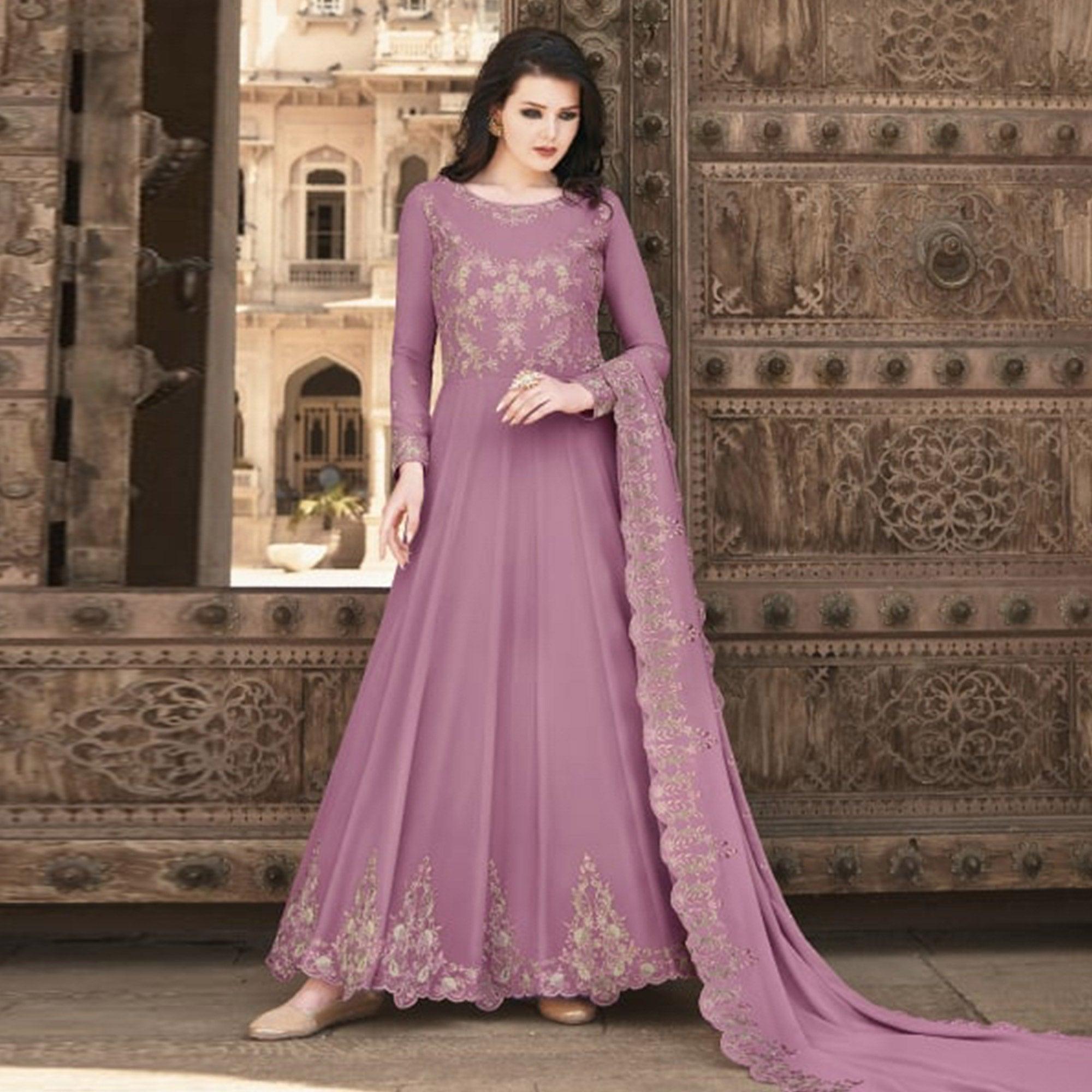Purple Partywear Embroidered Soft Georgette Suit - Peachmode