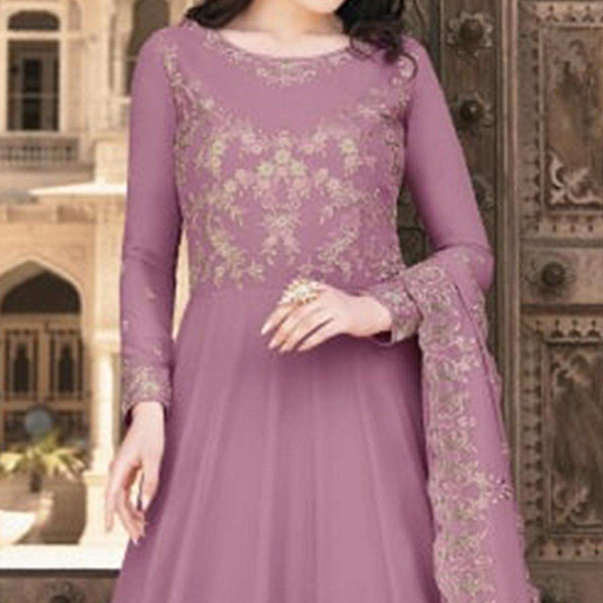 Purple Partywear Embroidered Soft Georgette Suit - Peachmode