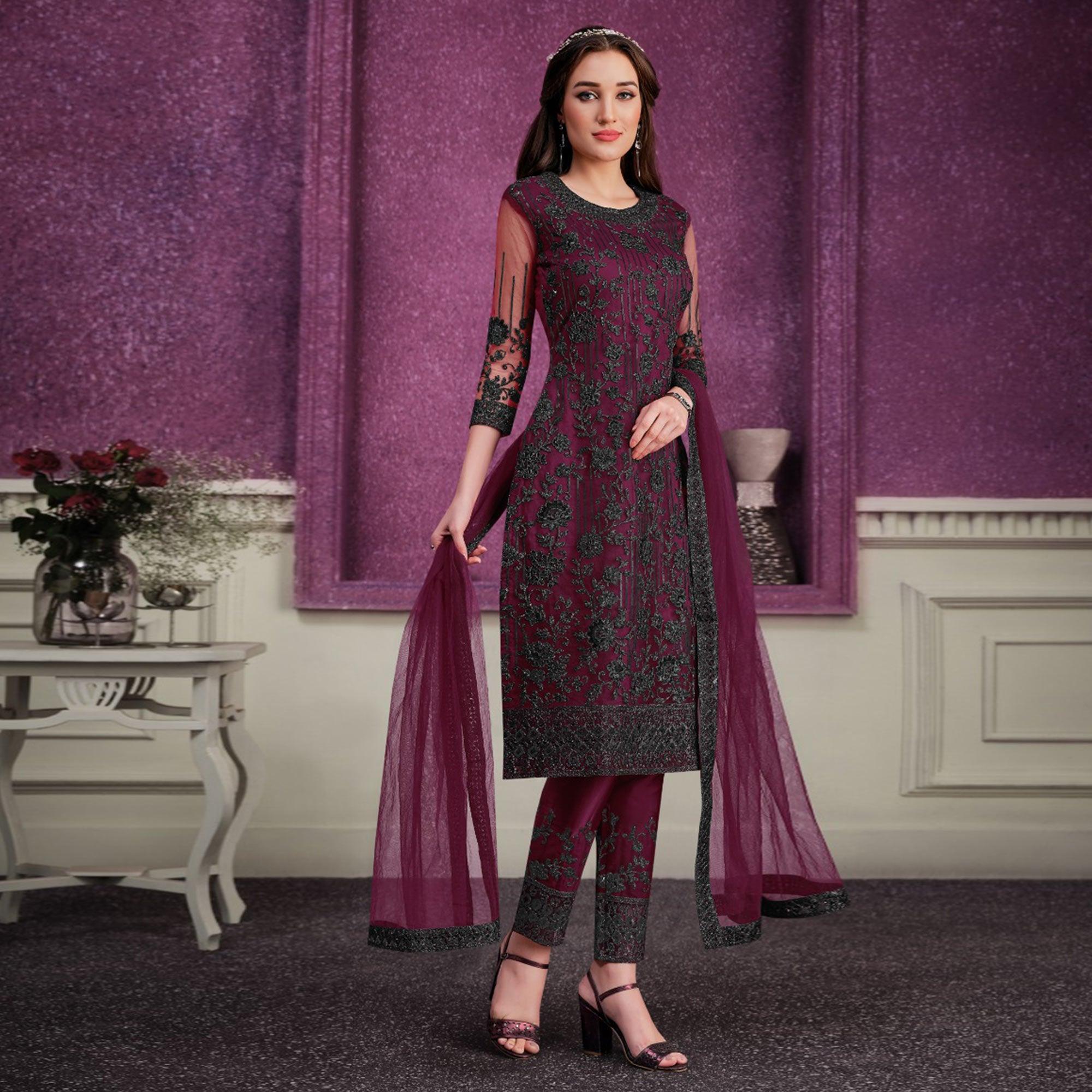 Purple Partywear Embroidered Soft Net Suit - Peachmode
