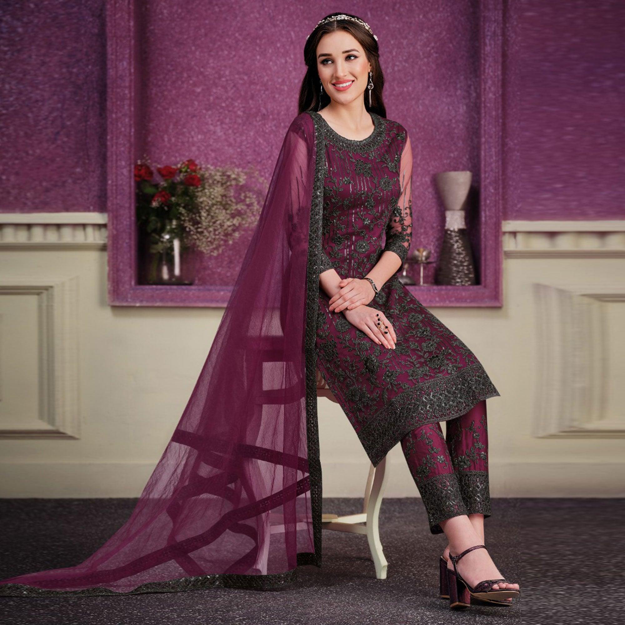 Purple Partywear Embroidered Soft Net Suit - Peachmode
