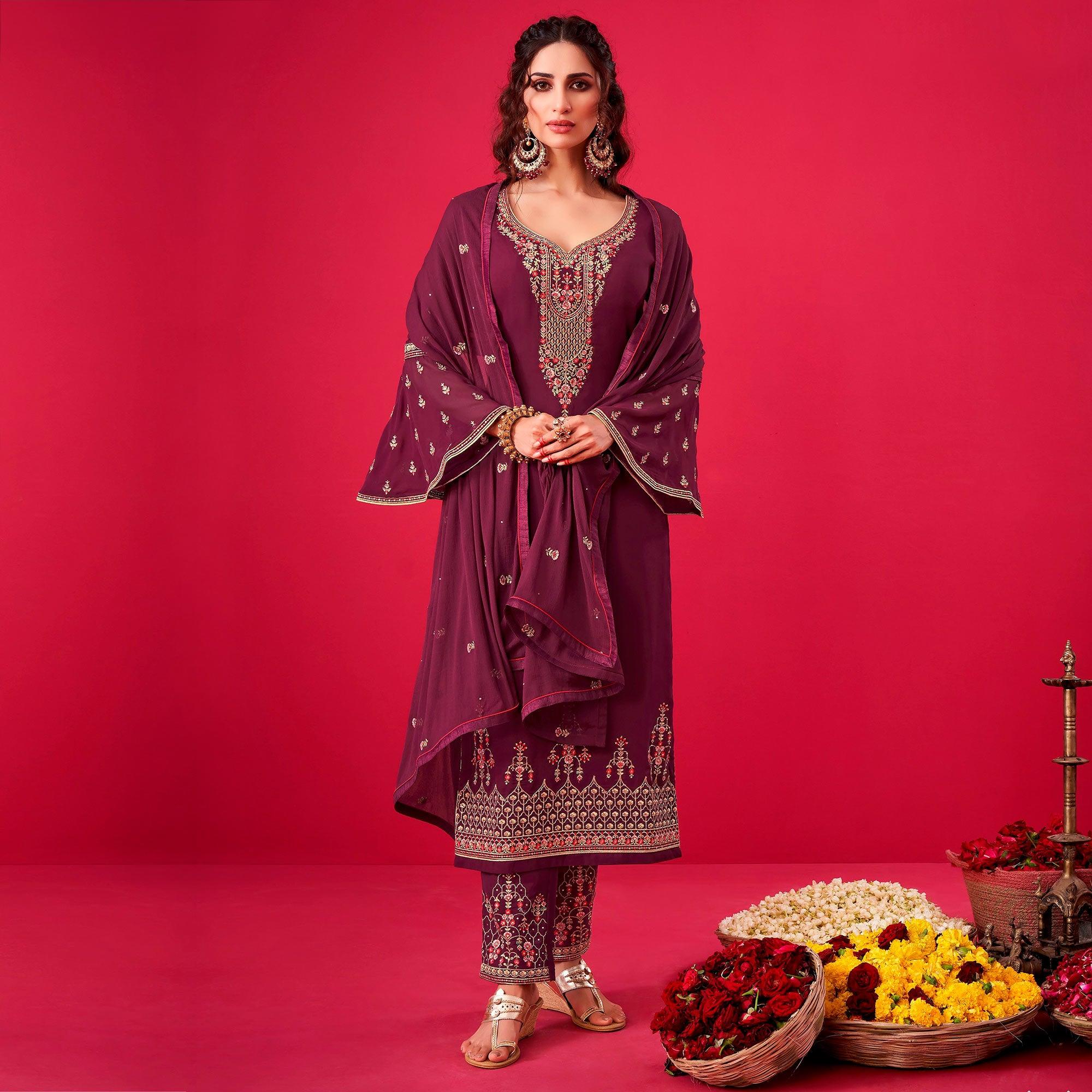 Purple Partywear Floral Embroidered Georgette Straight Salwar Suit - Peachmode