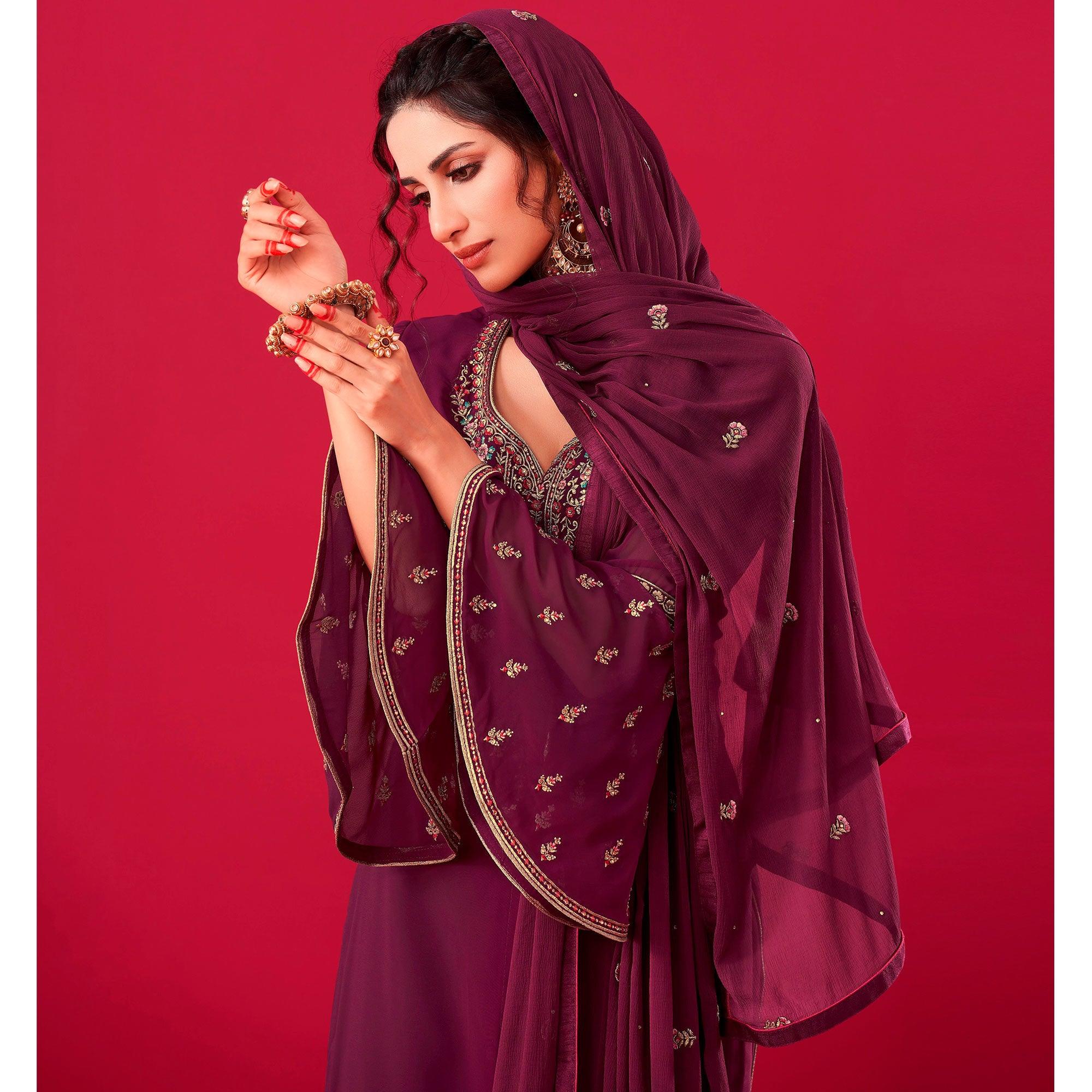 Purple Partywear Floral Embroidered Georgette Straight Salwar Suit - Peachmode