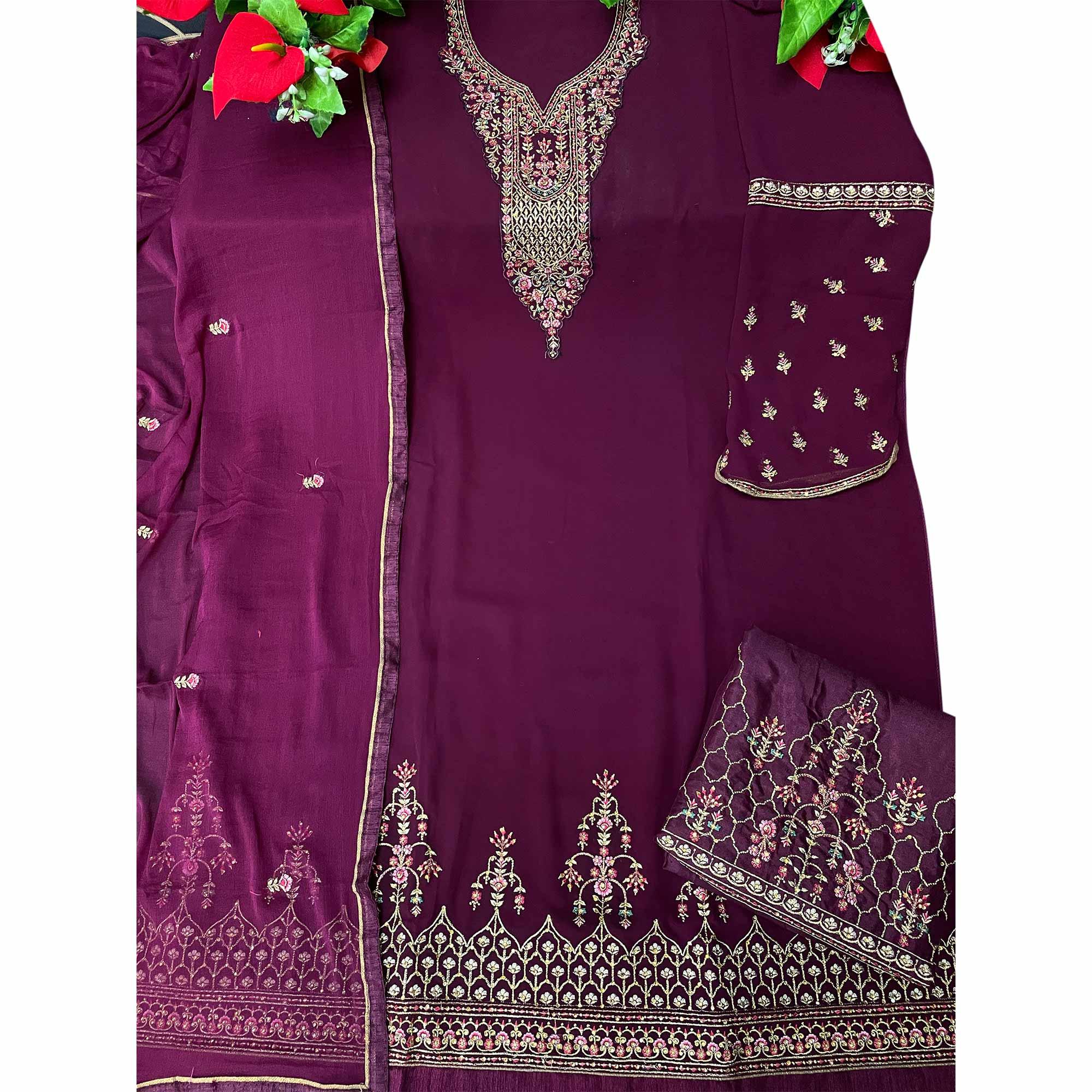 Purple Partywear Floral Embroidered Georgette Straight Salwar Suit - Peachmode