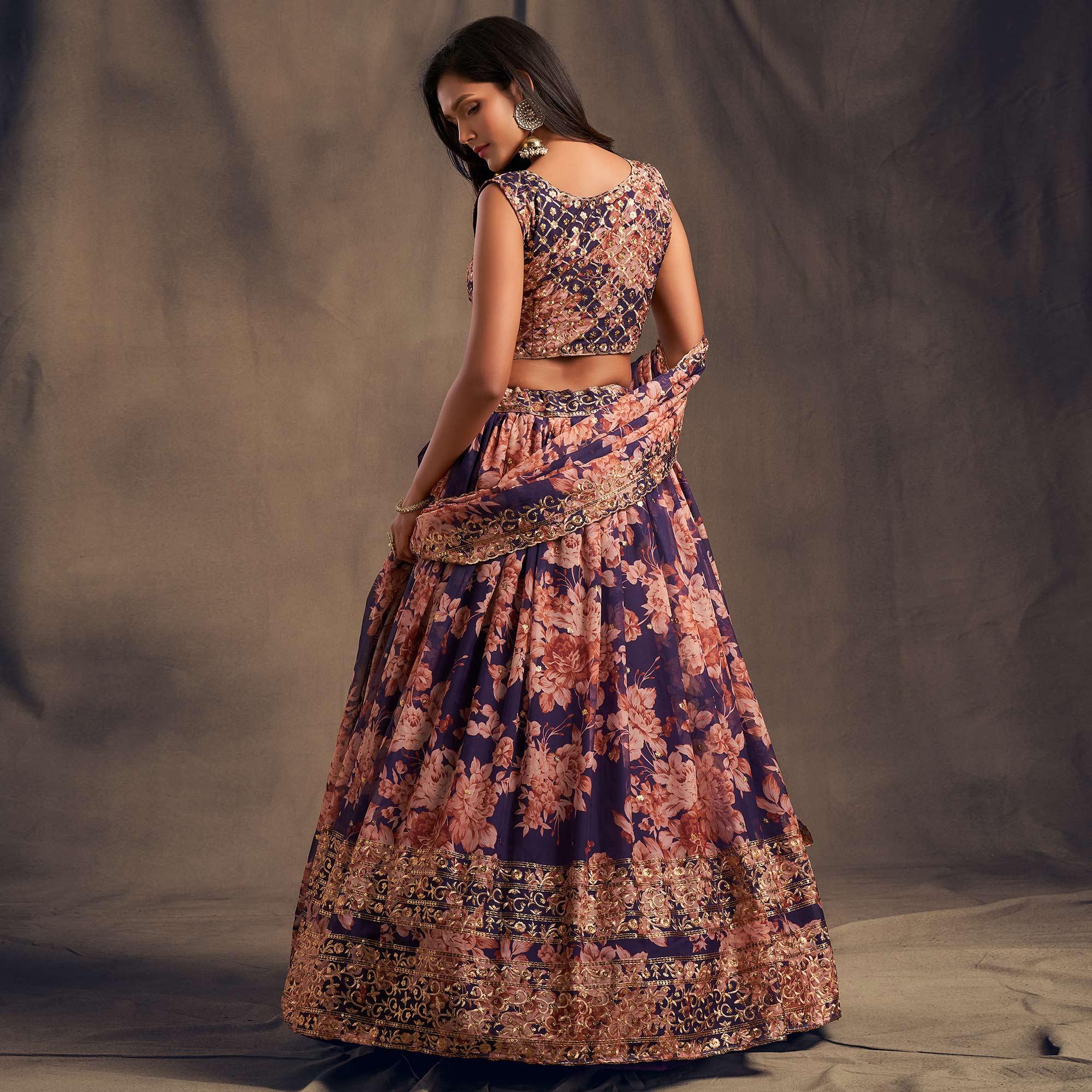 Purple Partywear Floral Print With Sequin Zari Embroidered Organza Lehenga Choli - Peachmode