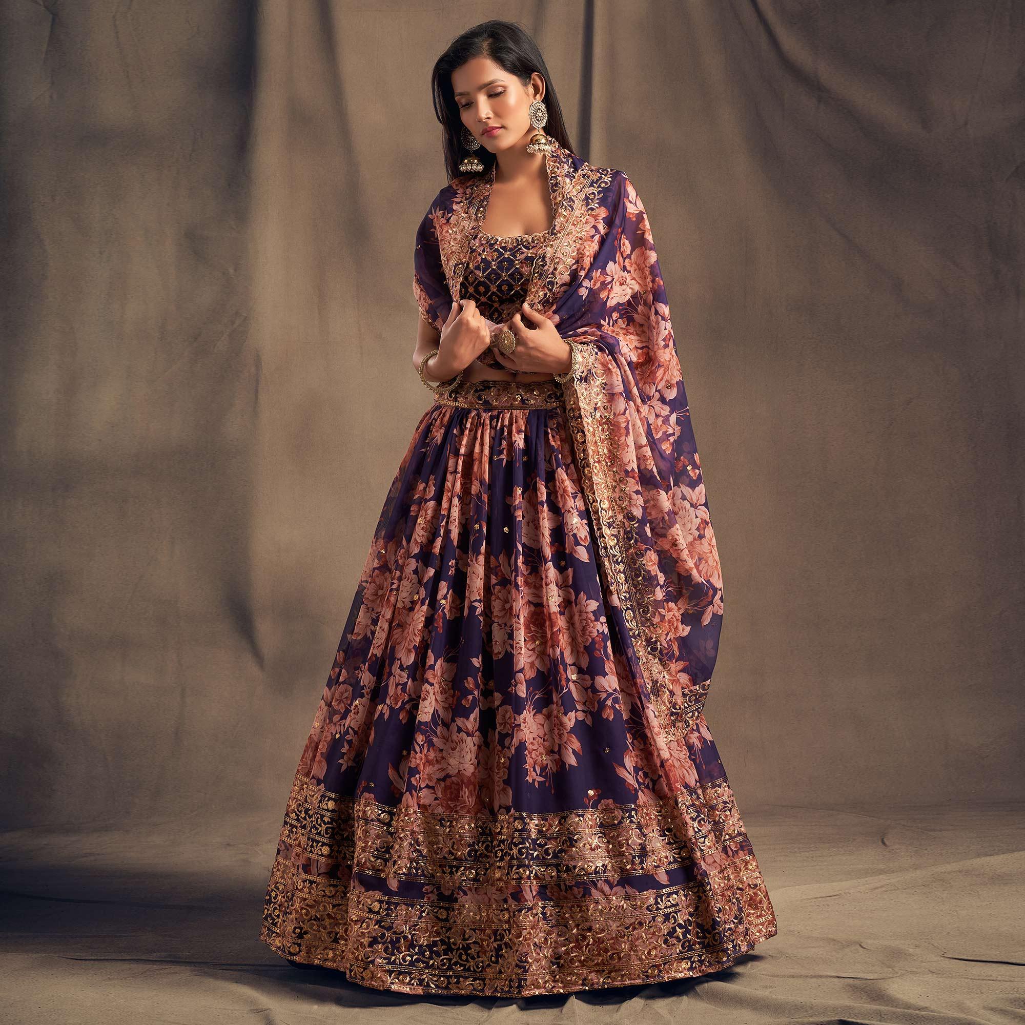 Purple Partywear Floral Print With Sequin Zari Embroidered Organza Lehenga Choli - Peachmode