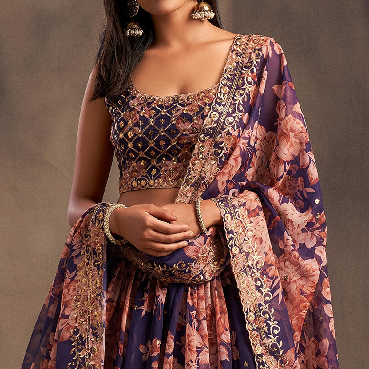 Purple Partywear Floral Print With Sequin Zari Embroidered Organza Lehenga Choli - Peachmode