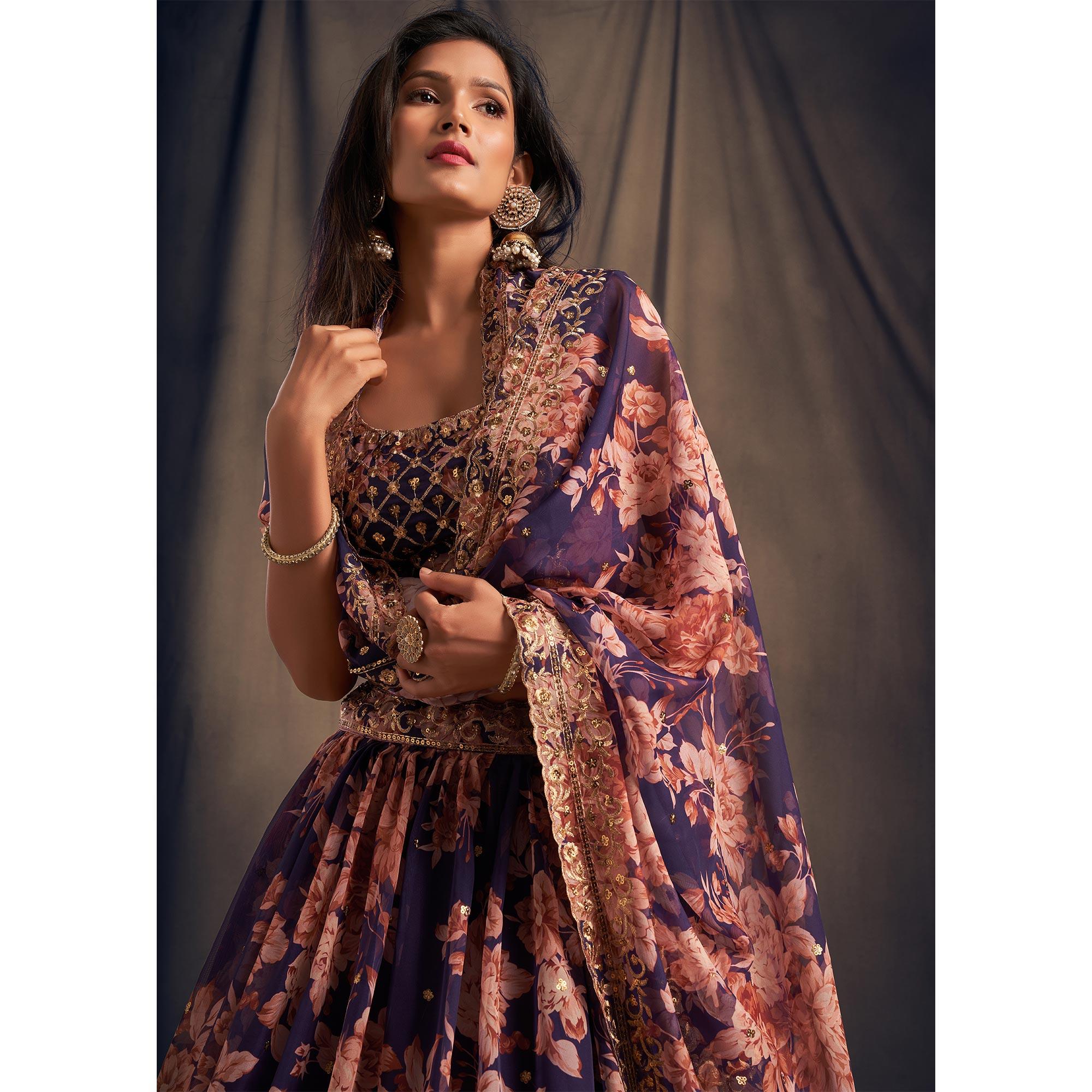 Purple Partywear Floral Print With Sequin Zari Embroidered Organza Lehenga Choli - Peachmode