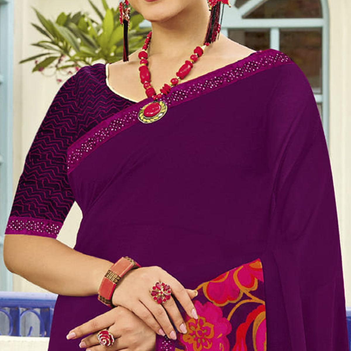 Purple Partywear Floral Printed Georgette Saree - Peachmode