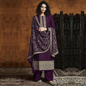 Purple Partywear Floral Sequins Embroidery Georgette Palazzo Suit - Peachmode