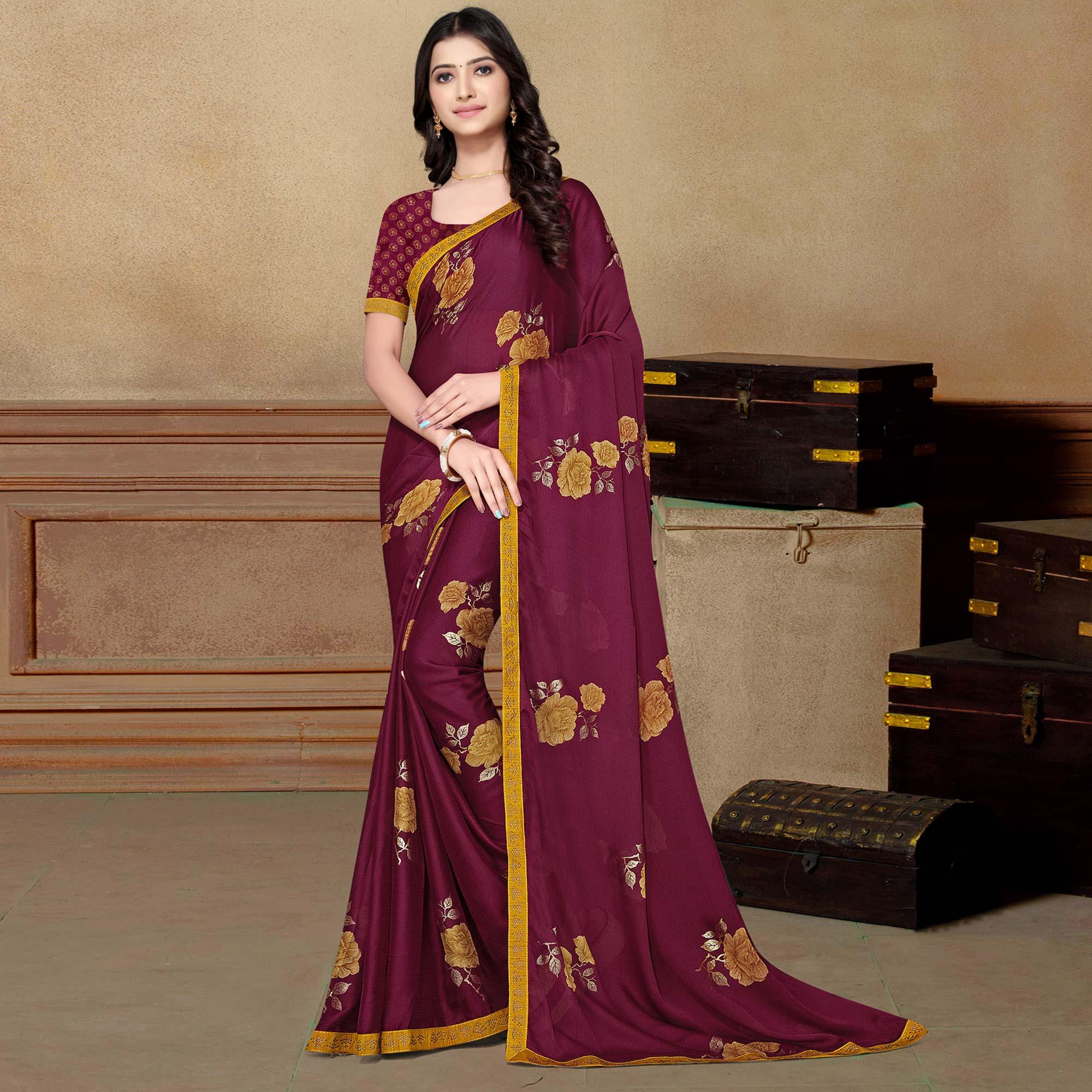 Purple Partywear Foil Printed & Embellished Moss Chiffon Saree - Peachmode