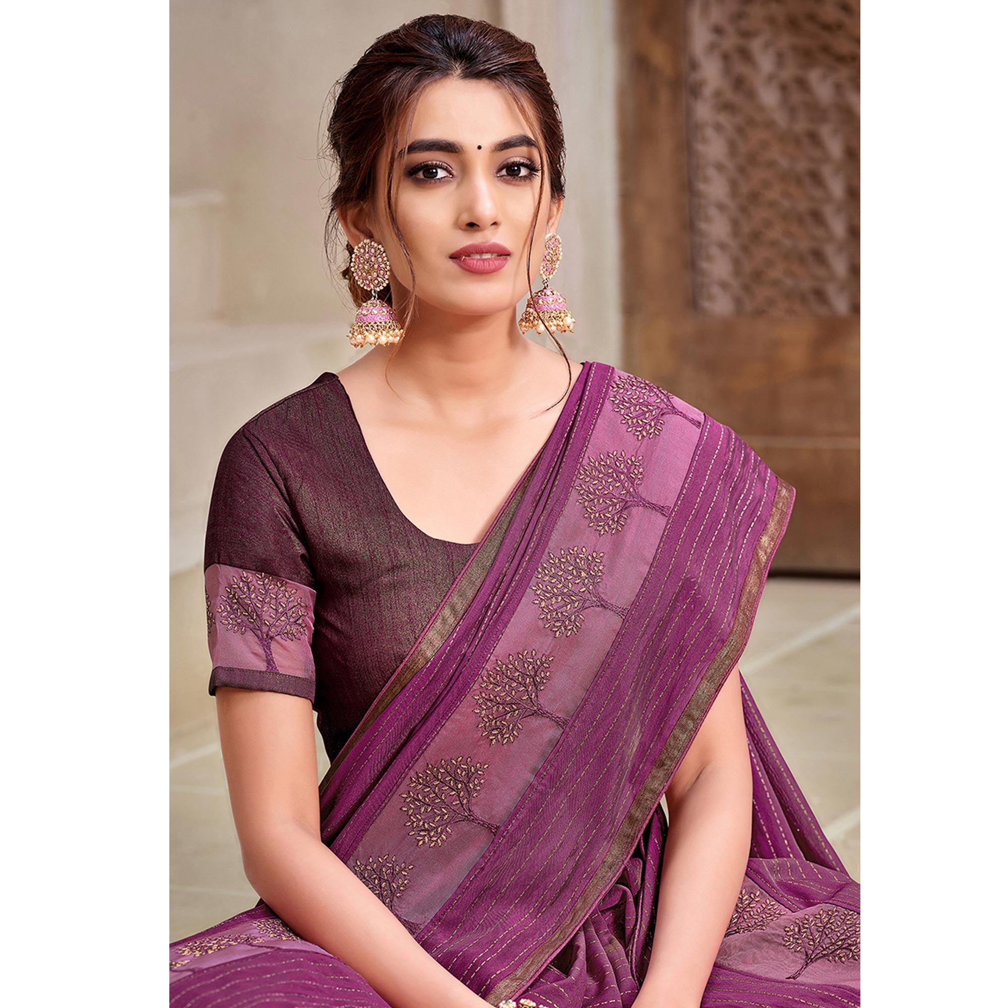 Purple Partywear Foil Printed Georgette Saree - Peachmode