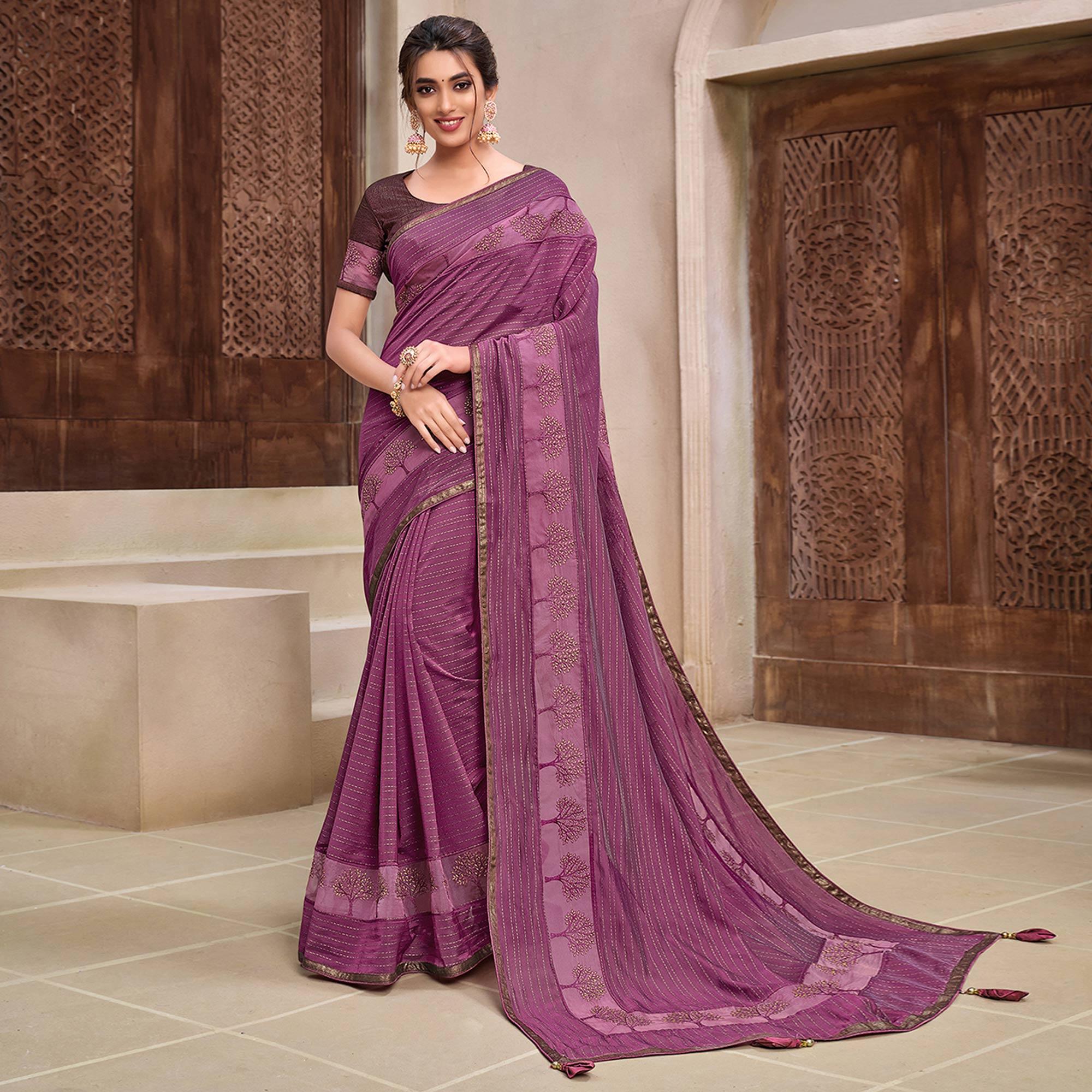Purple Partywear Foil Printed Georgette Saree - Peachmode