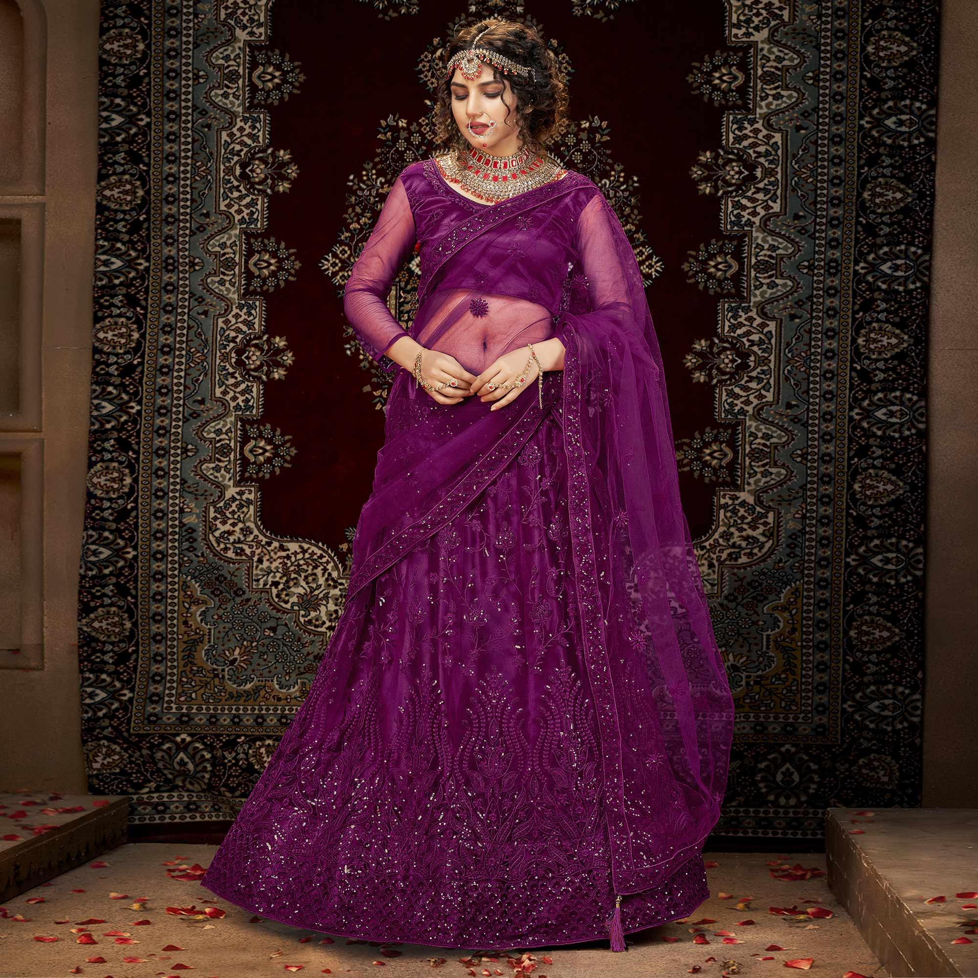 Purple Partywear Multi Sequence Embroidered Net Lehenga Choli - Peachmode
