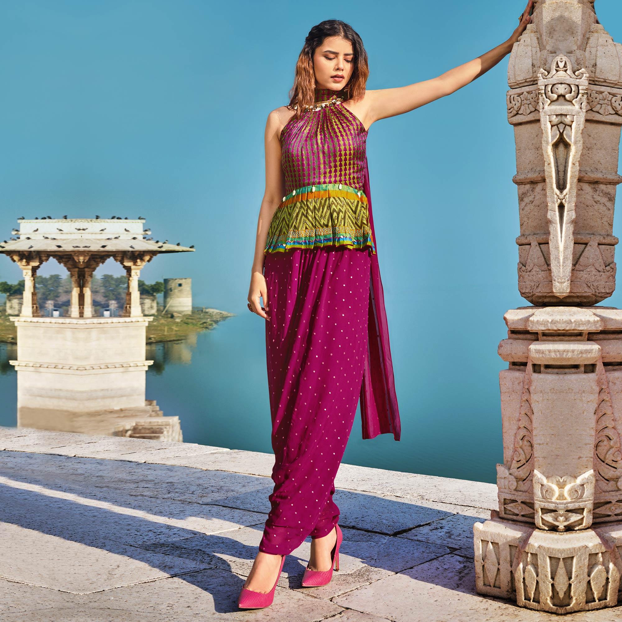 Purple Partywear Printed Silk Dhoti Suit - Peachmode