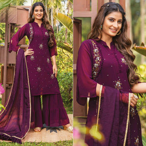Purple Partywear Resham With Cutdana & Embellished Georgette Sharara Suit - Peachmode