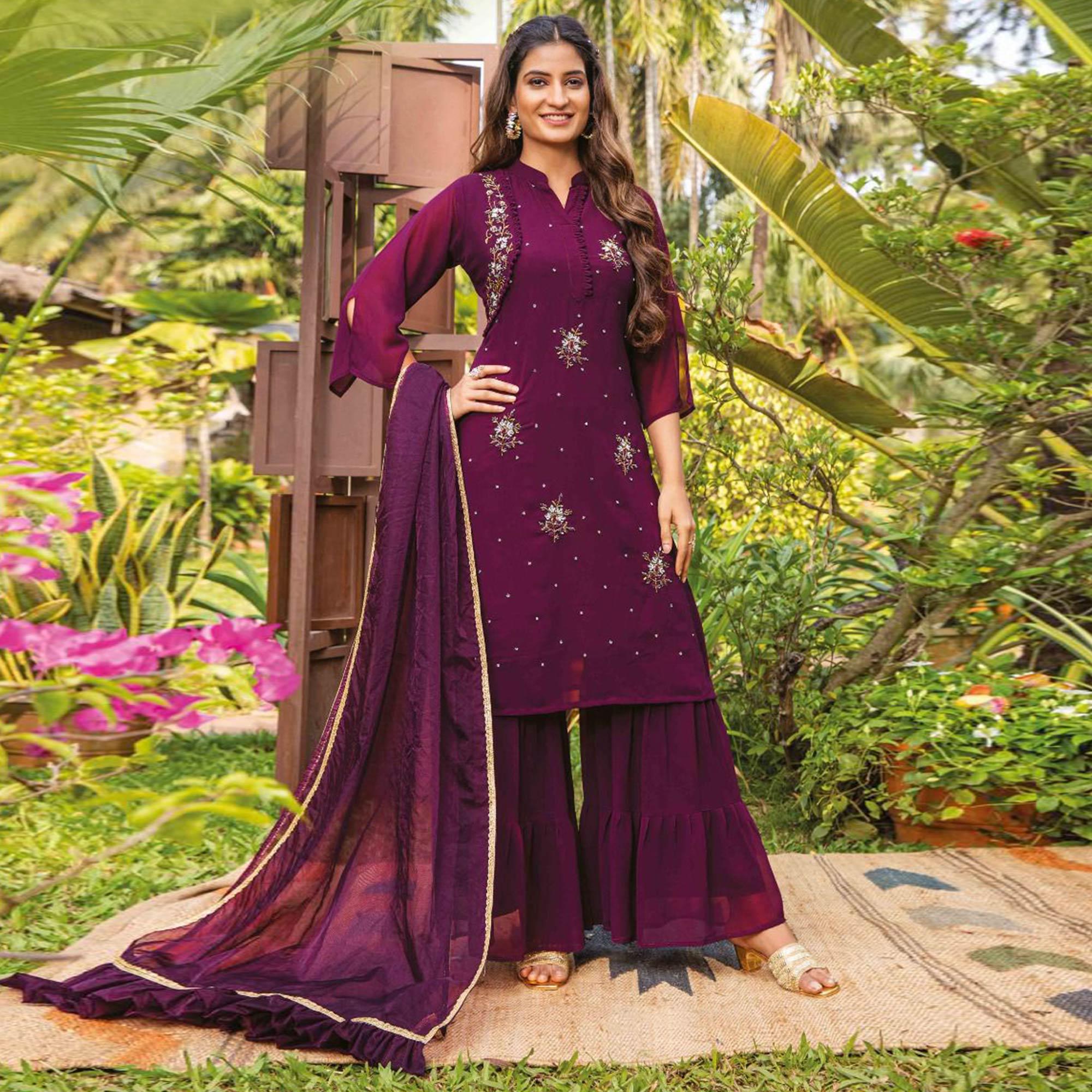 Purple Partywear Resham With Cutdana & Embellished Georgette Sharara Suit - Peachmode