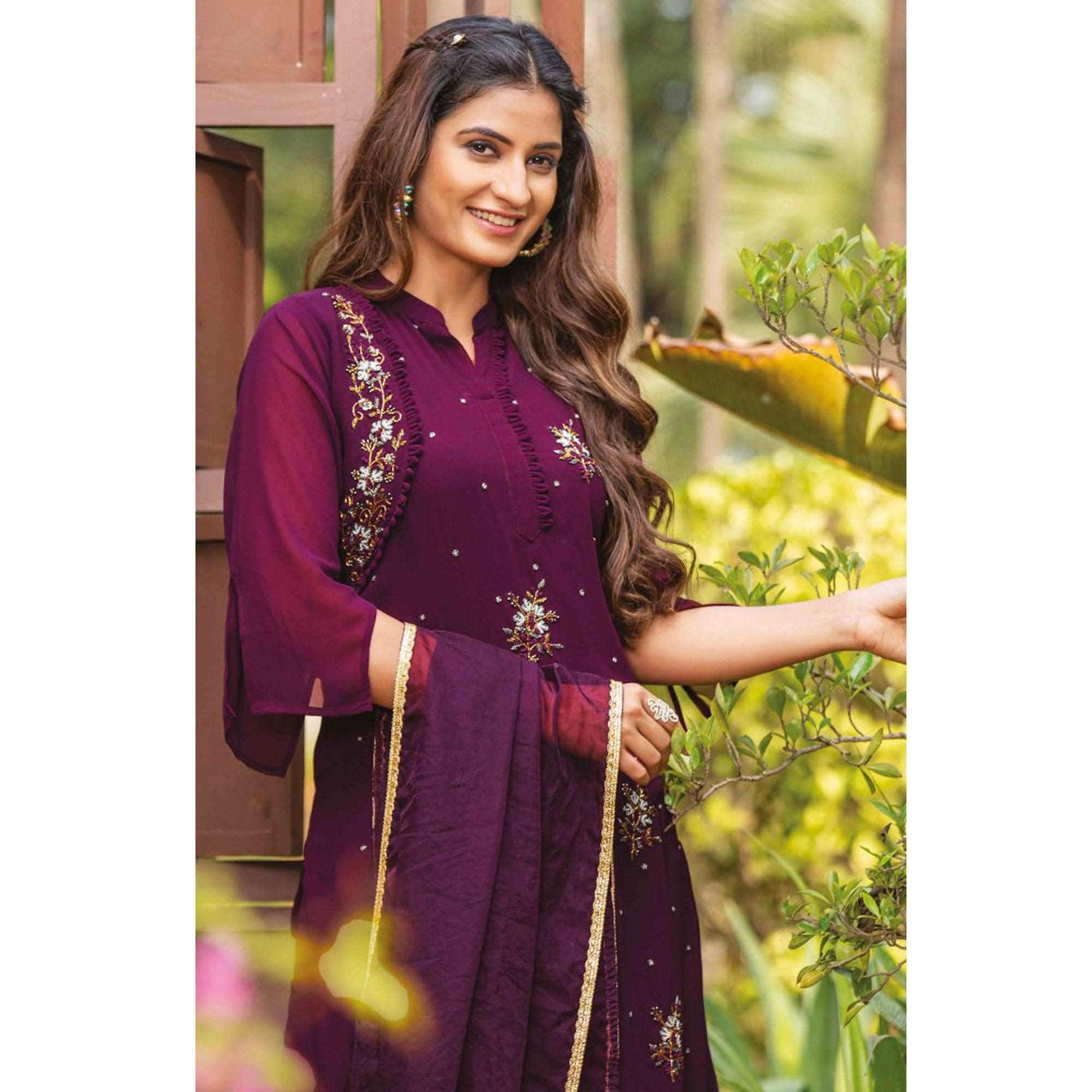 Purple Partywear Resham With Cutdana & Embellished Georgette Sharara Suit - Peachmode