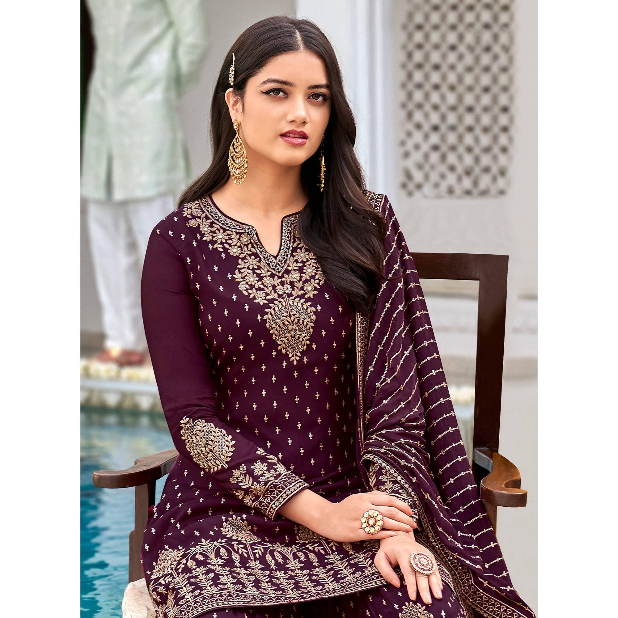 Purple Partywear Sequence & Embroidered Faux Georgette Salwar Suit - Peachmode