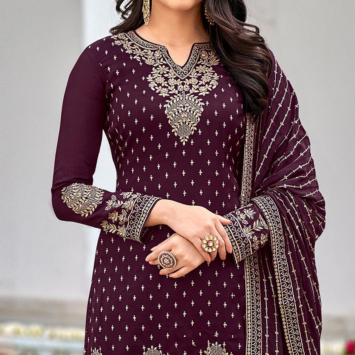 Purple Partywear Sequence & Embroidered Faux Georgette Salwar Suit - Peachmode