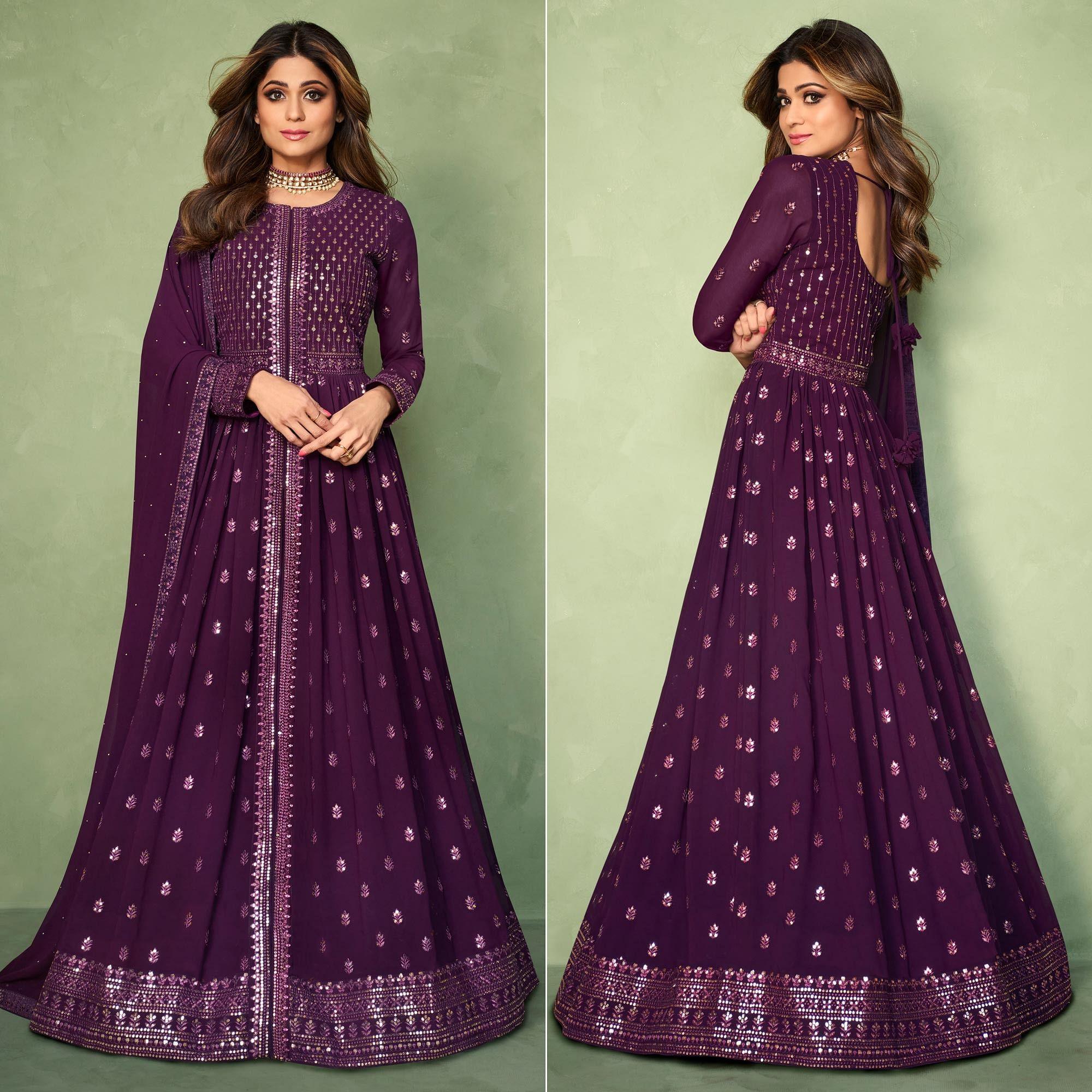 Purple Partywear Sequence Embroidered Georgette Gown - Peachmode