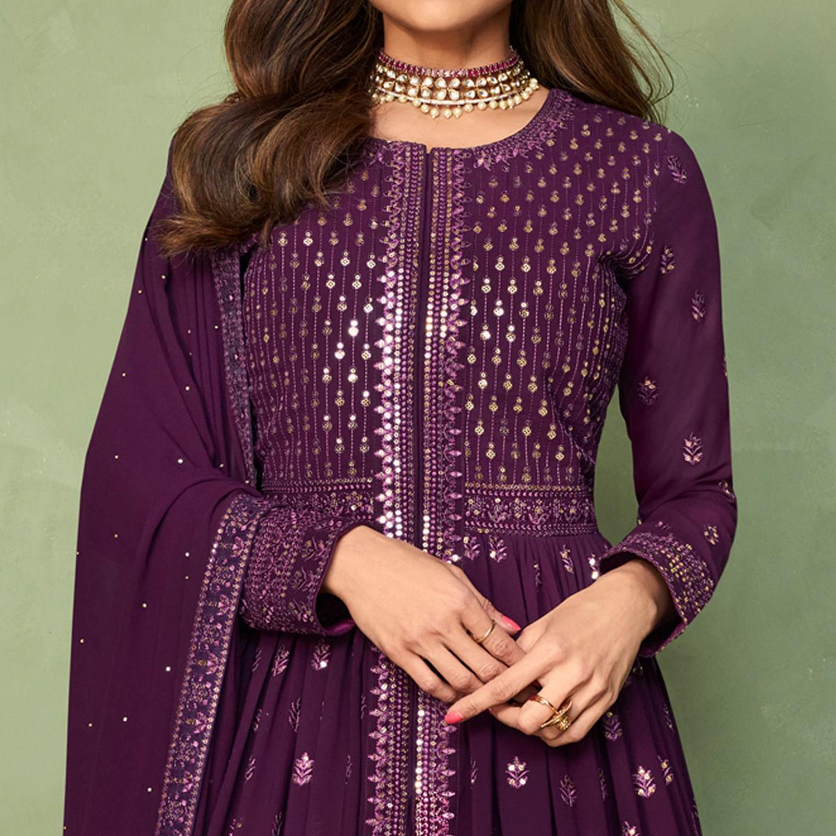 Purple Partywear Sequence Embroidered Georgette Gown - Peachmode