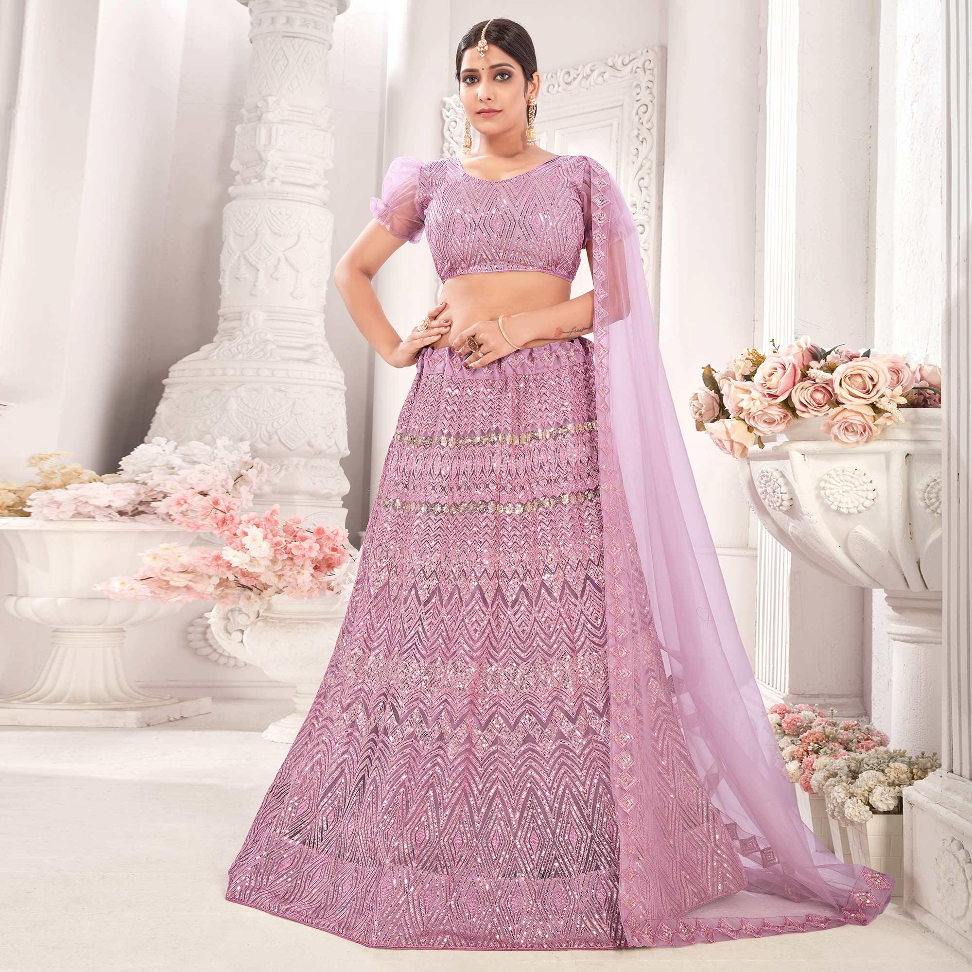 Purple Partywear Sequence Embroidered Net Lehenga Choli - Peachmode