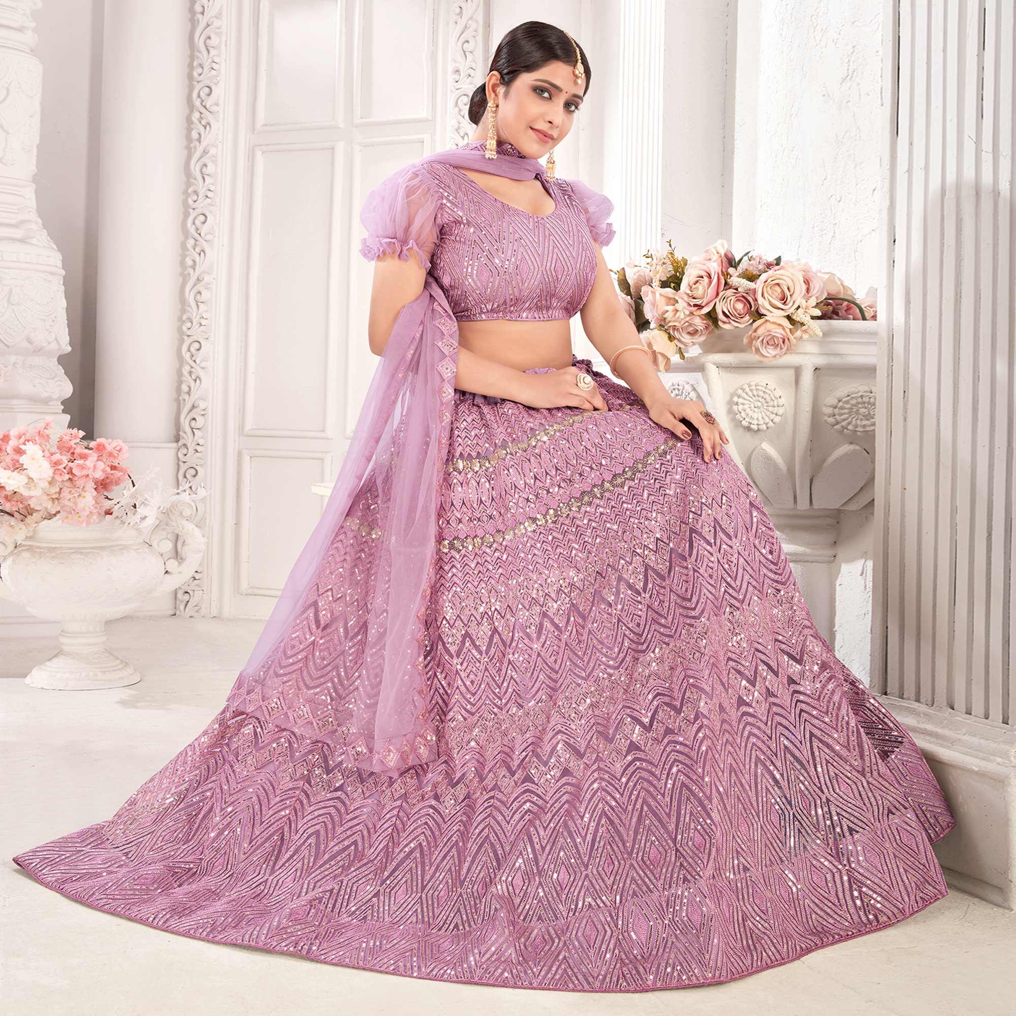 Purple Partywear Sequence Embroidered Net Lehenga Choli - Peachmode