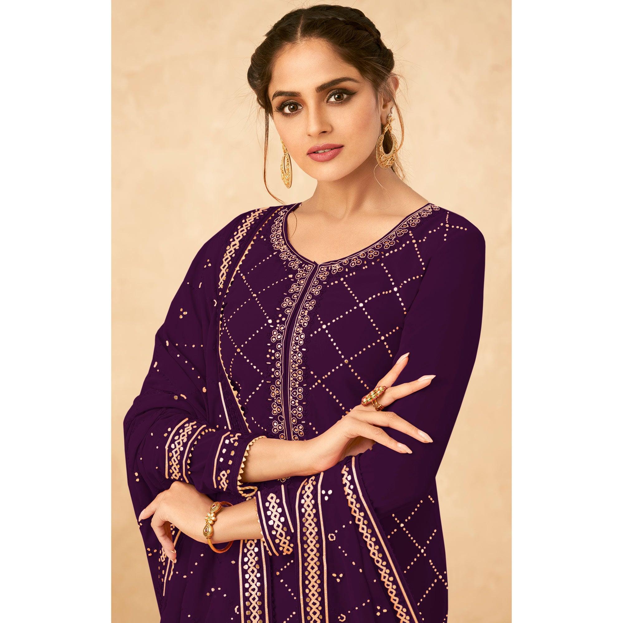 Purple Partywear Sequence Work Real Georgette Palazzo Suit - Peachmode