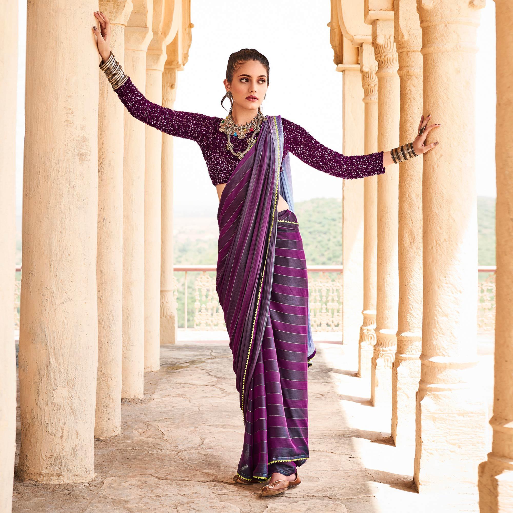 Purple Partywear Striped Printed  Saree With Fancy Lace - Peachmode