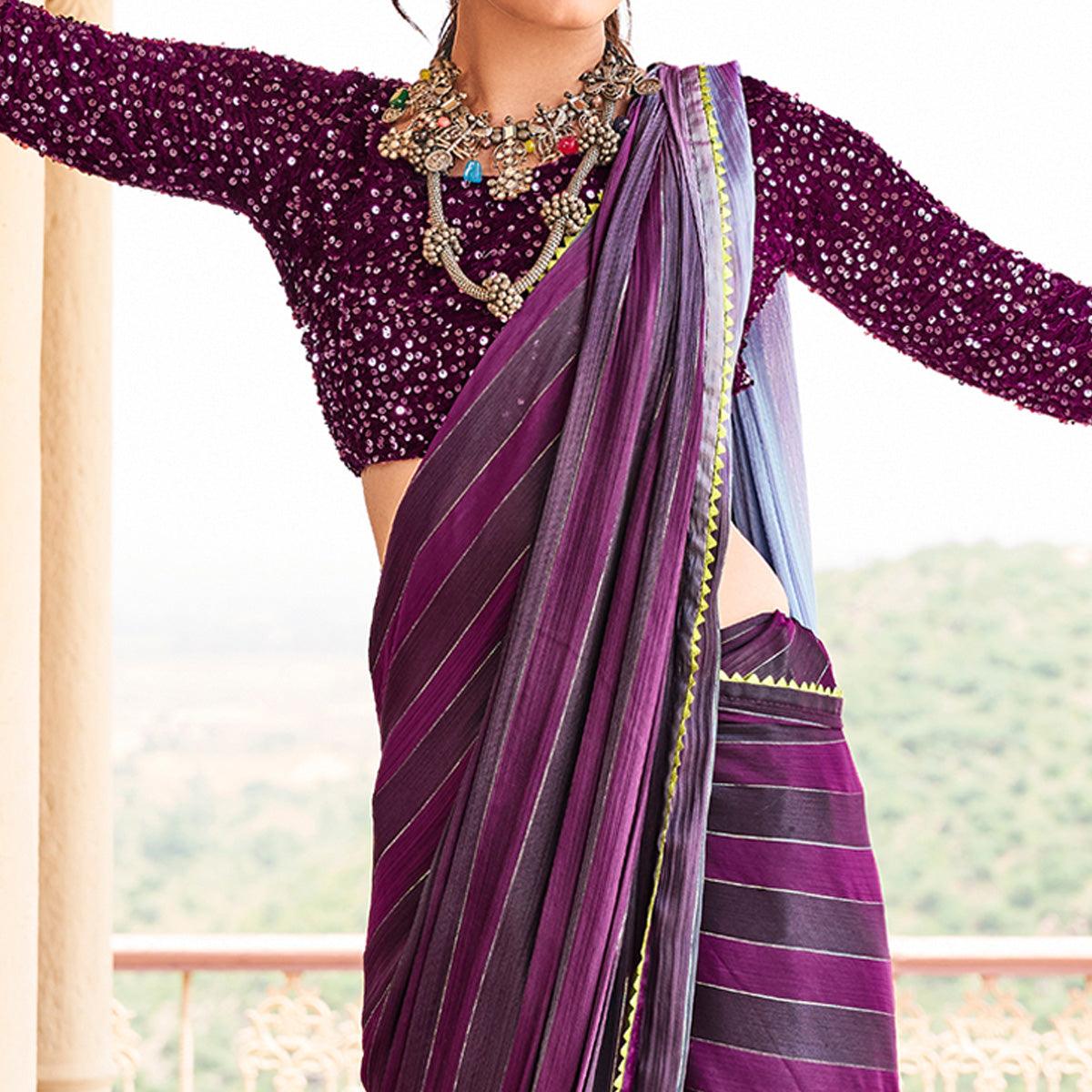 Purple Partywear Striped Printed  Saree With Fancy Lace - Peachmode