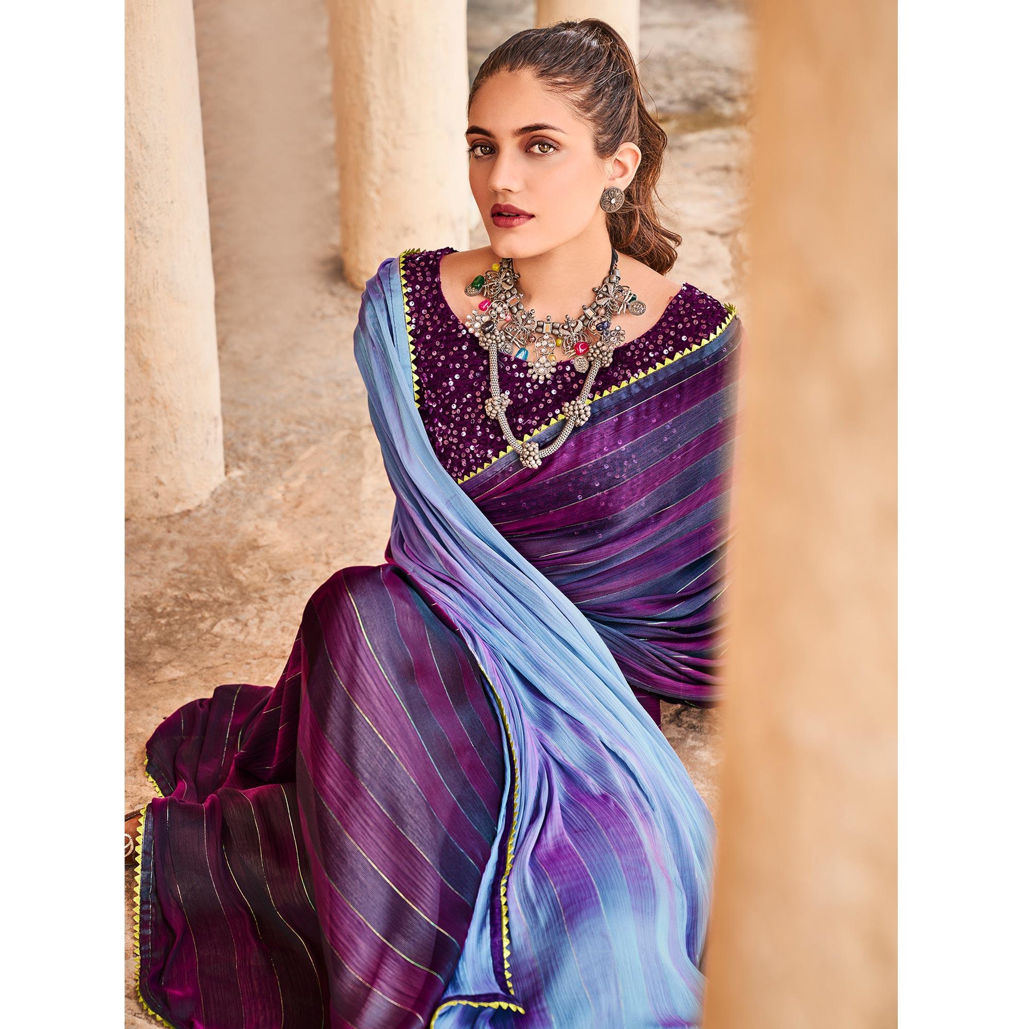 Purple Partywear Striped Printed  Saree With Fancy Lace - Peachmode